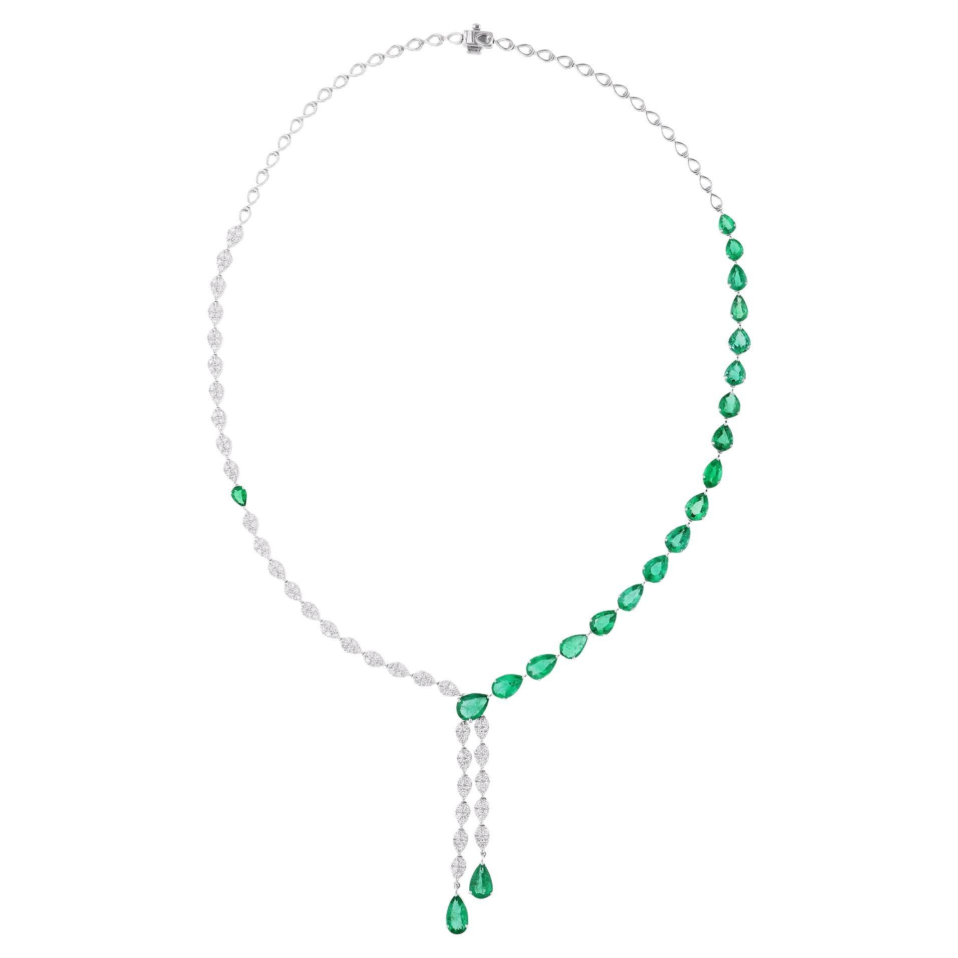 18k White Gold Pear Cut Emerald and Diamond Y-Shaped Bridal Necklace for Bride