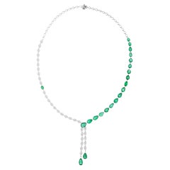 18k White Gold Pear Cut Emerald and Diamond Y-Shaped Bridal Necklace for Bride