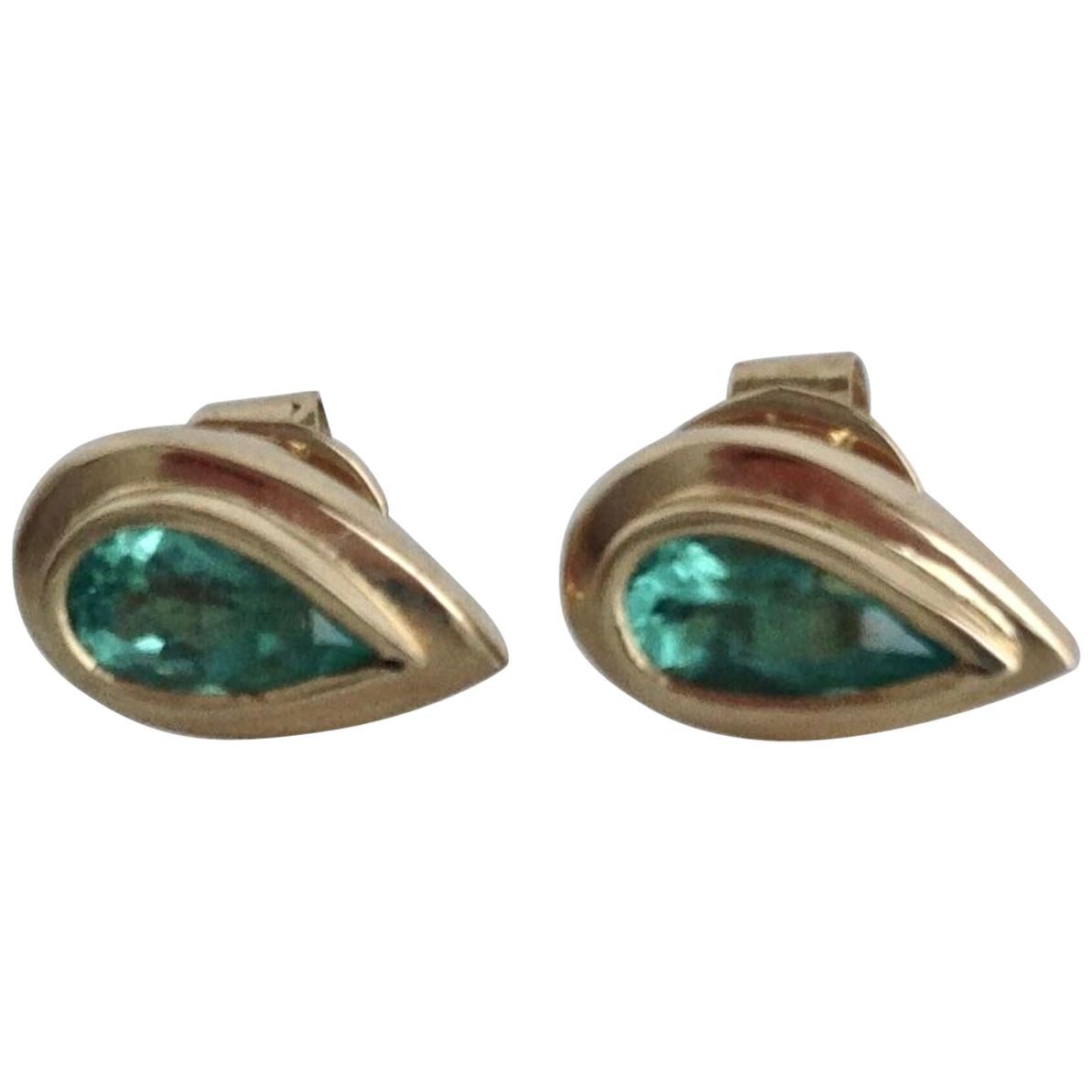 Pear Cut Emerald Dome Stud Earrings 18 Karat Yellow Gold For Sale