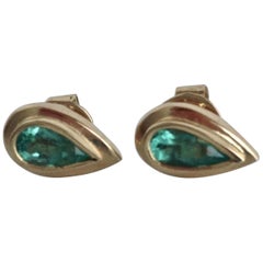 Pear Cut Emerald Dome Stud Earrings 18 Karat Yellow Gold