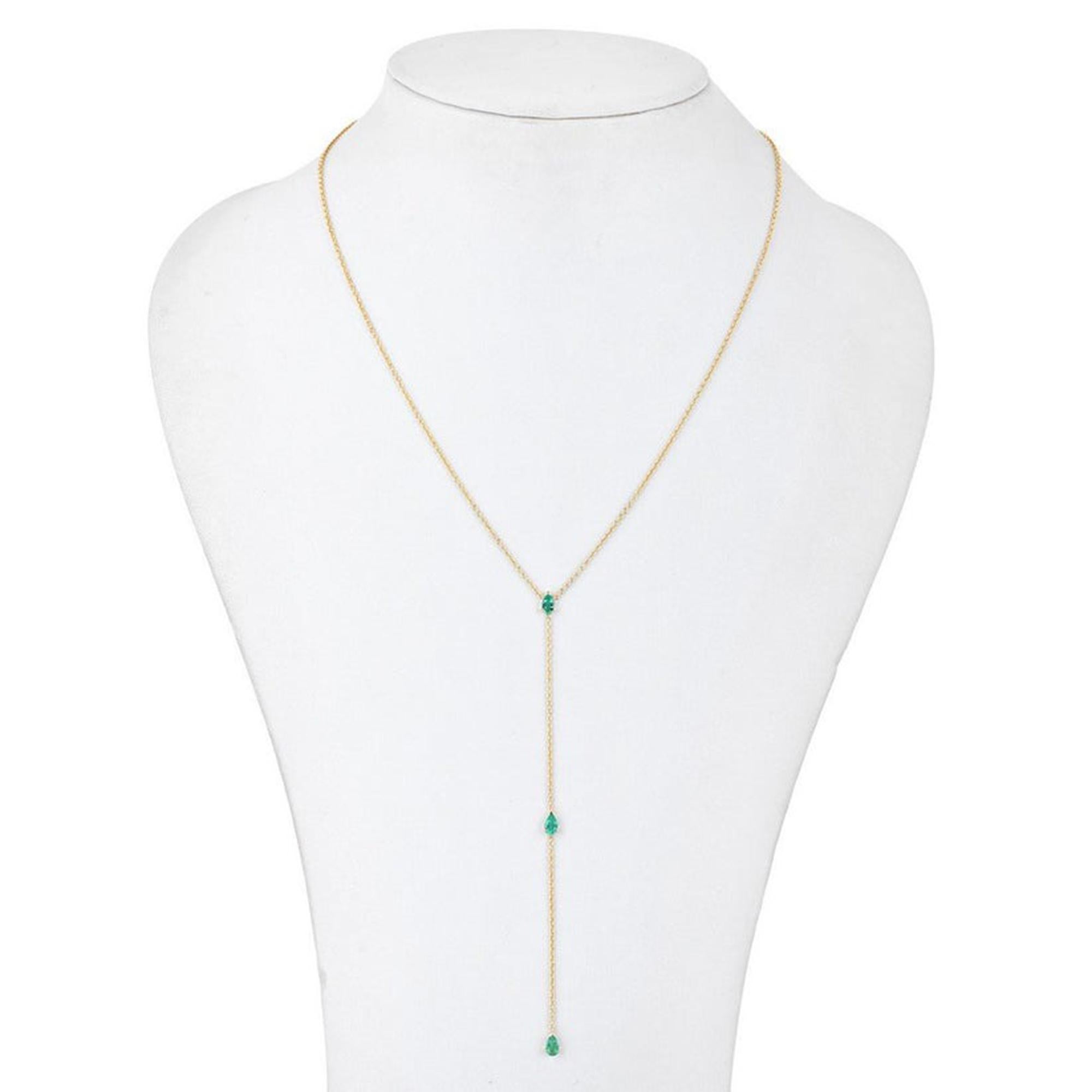 Pear Cut Emerald Drops 14K (or 18k upon request) Yellow Gold Lariat Necklace im Angebot