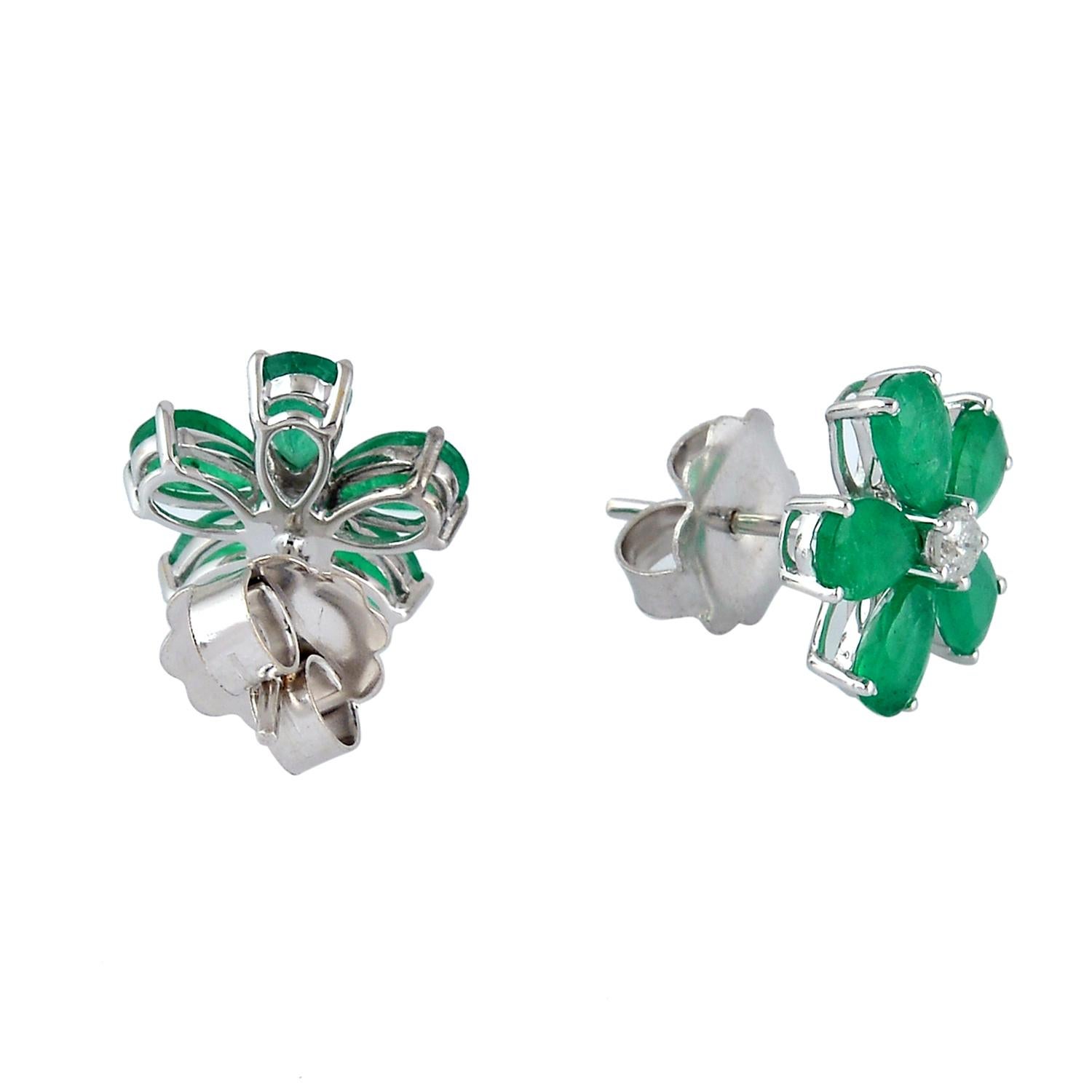 Mixed Cut Pear Cut Emerald Flower Stud Earrings With Diamonds Made In 18K White Gold