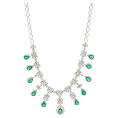 Pear Cut Emerald Gemstone Necklace, 18k White Gold Diamond Emerald Wedding