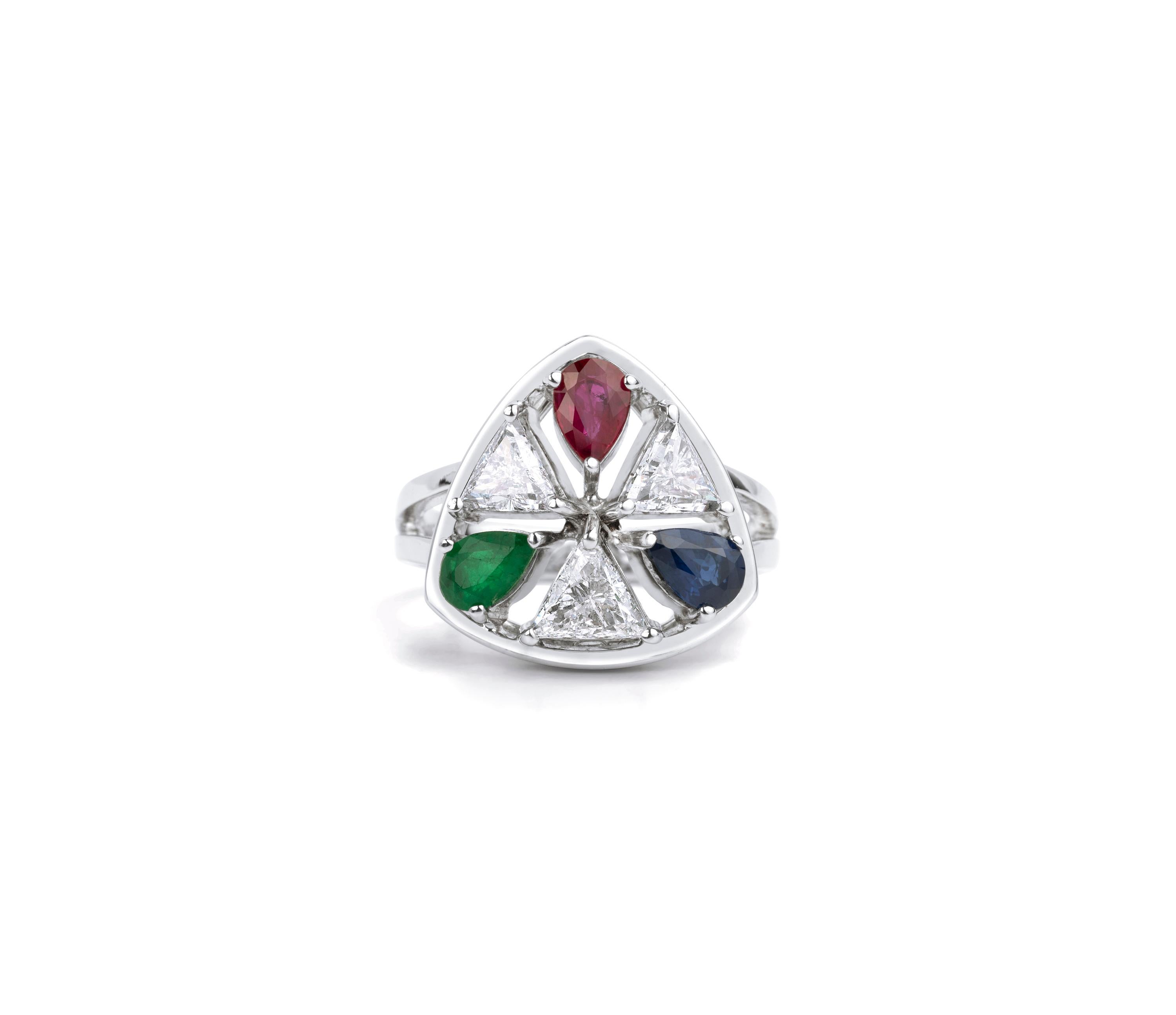 Vivid Color. Sculptural Design. A Statement of Art Deco Glamour.

Celebrate individuality with this vibrant and elegant cocktail statement ring, starring your choice of approx. 1.4ct natural pear-cut gemstones — richly hued Green Emerald, deep Blue