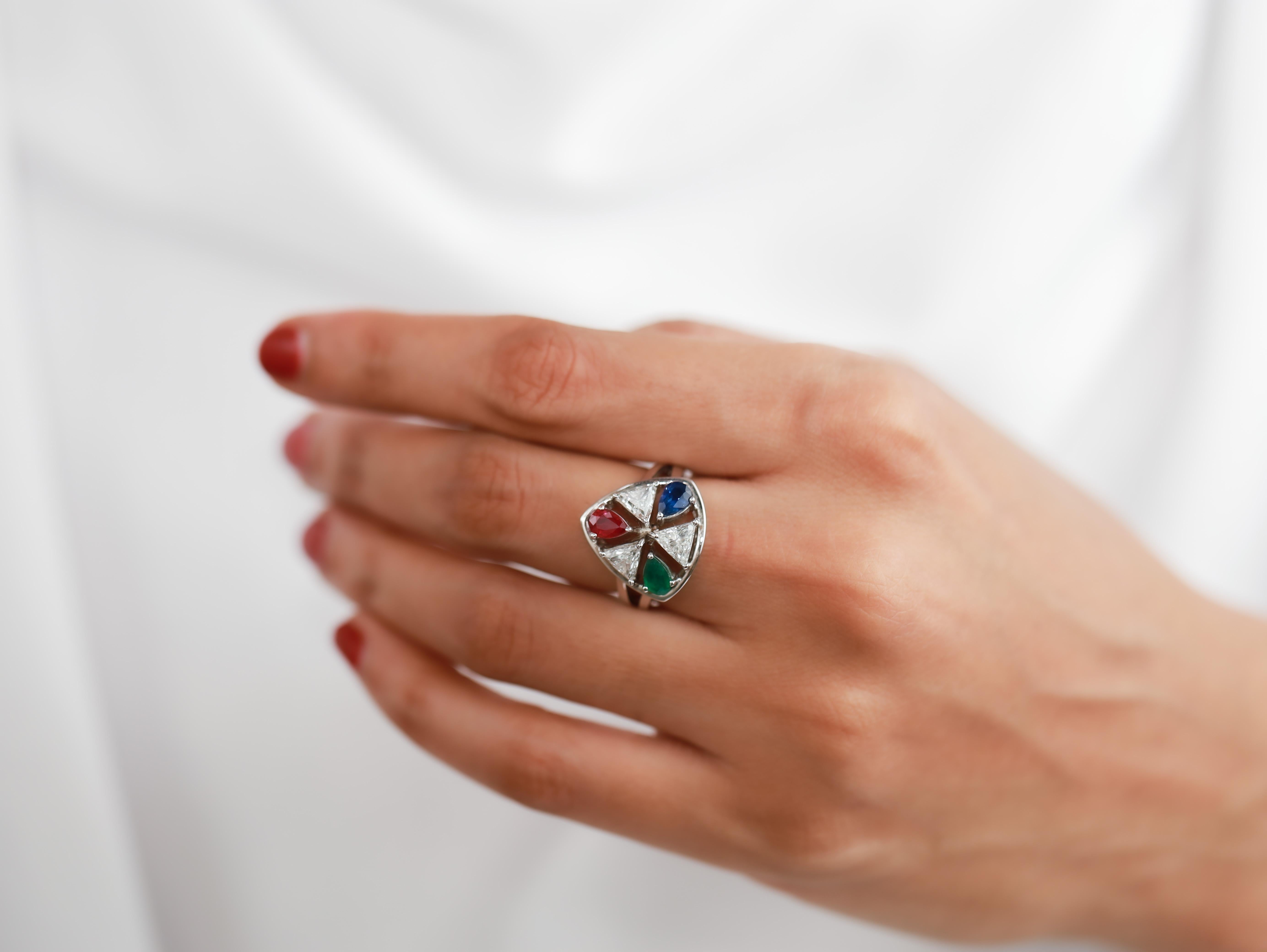 Art Deco Pear-Cut Emerald, Sapphire & Ruby Ring with Triangle Diamonds in 18K White Gold For Sale