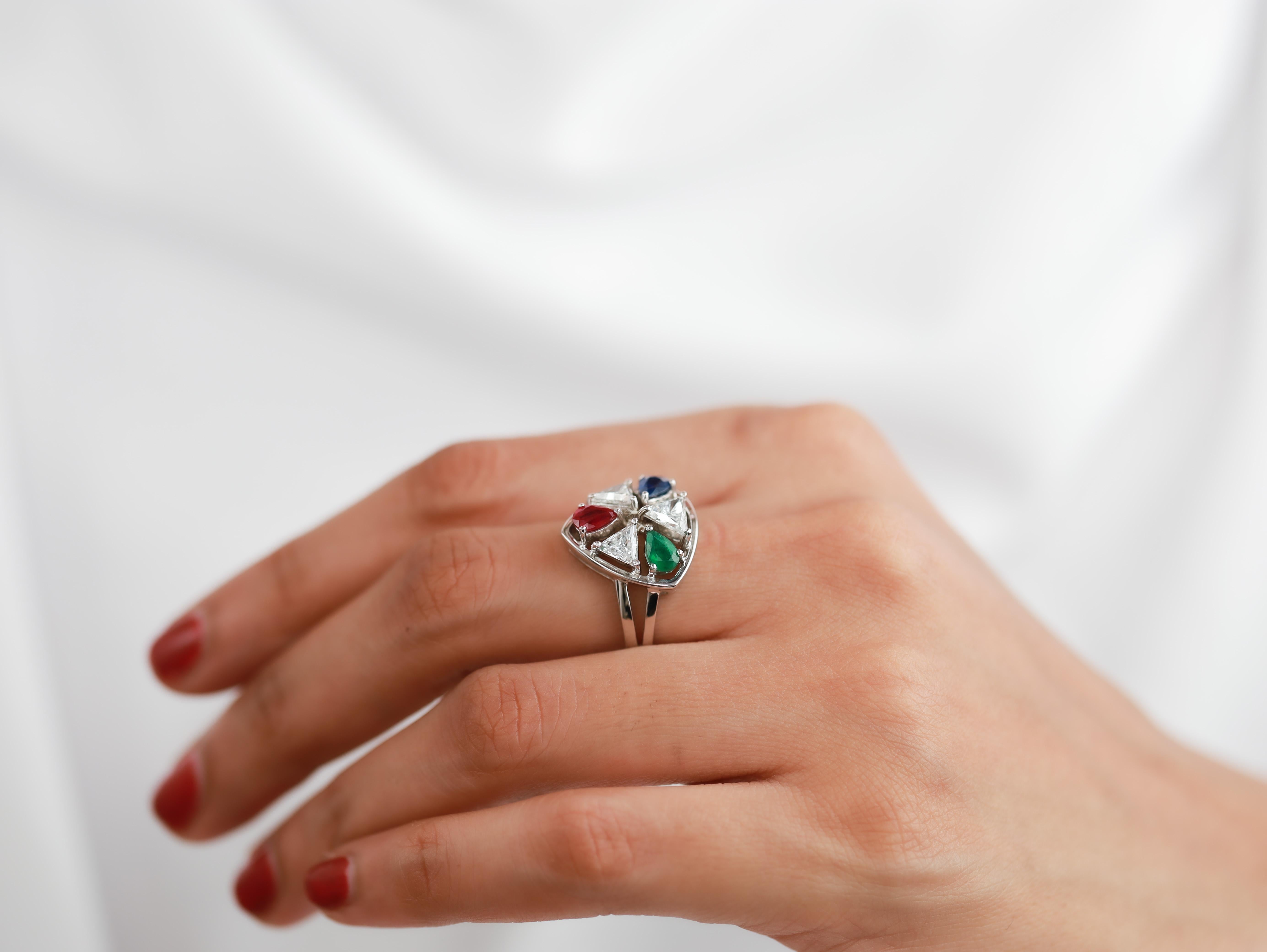 Pear Cut Pear-Cut Emerald, Sapphire & Ruby Ring with Triangle Diamonds in 18K White Gold For Sale