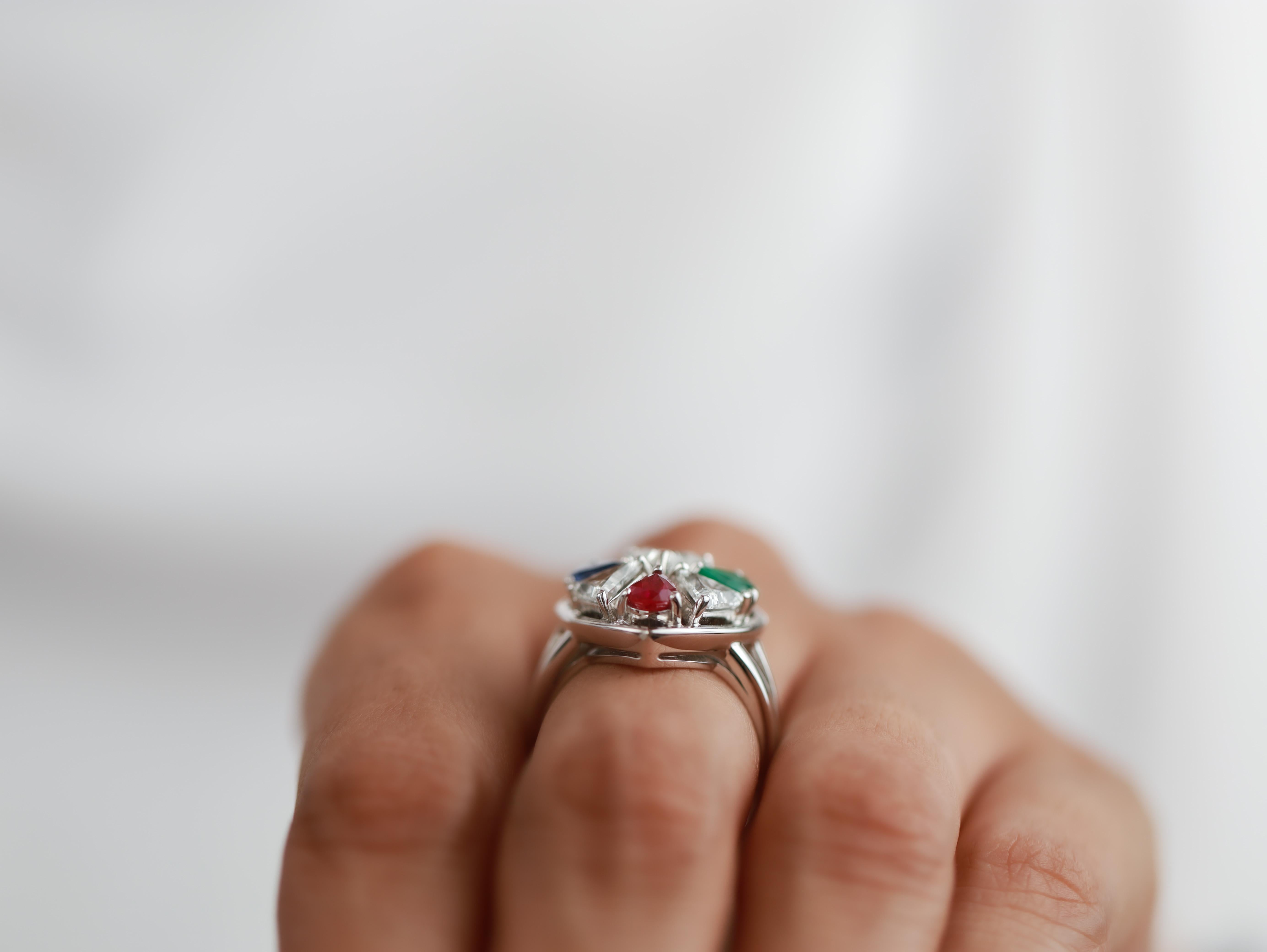 Women's Pear-Cut Emerald, Sapphire & Ruby Ring with Triangle Diamonds in 18K White Gold For Sale