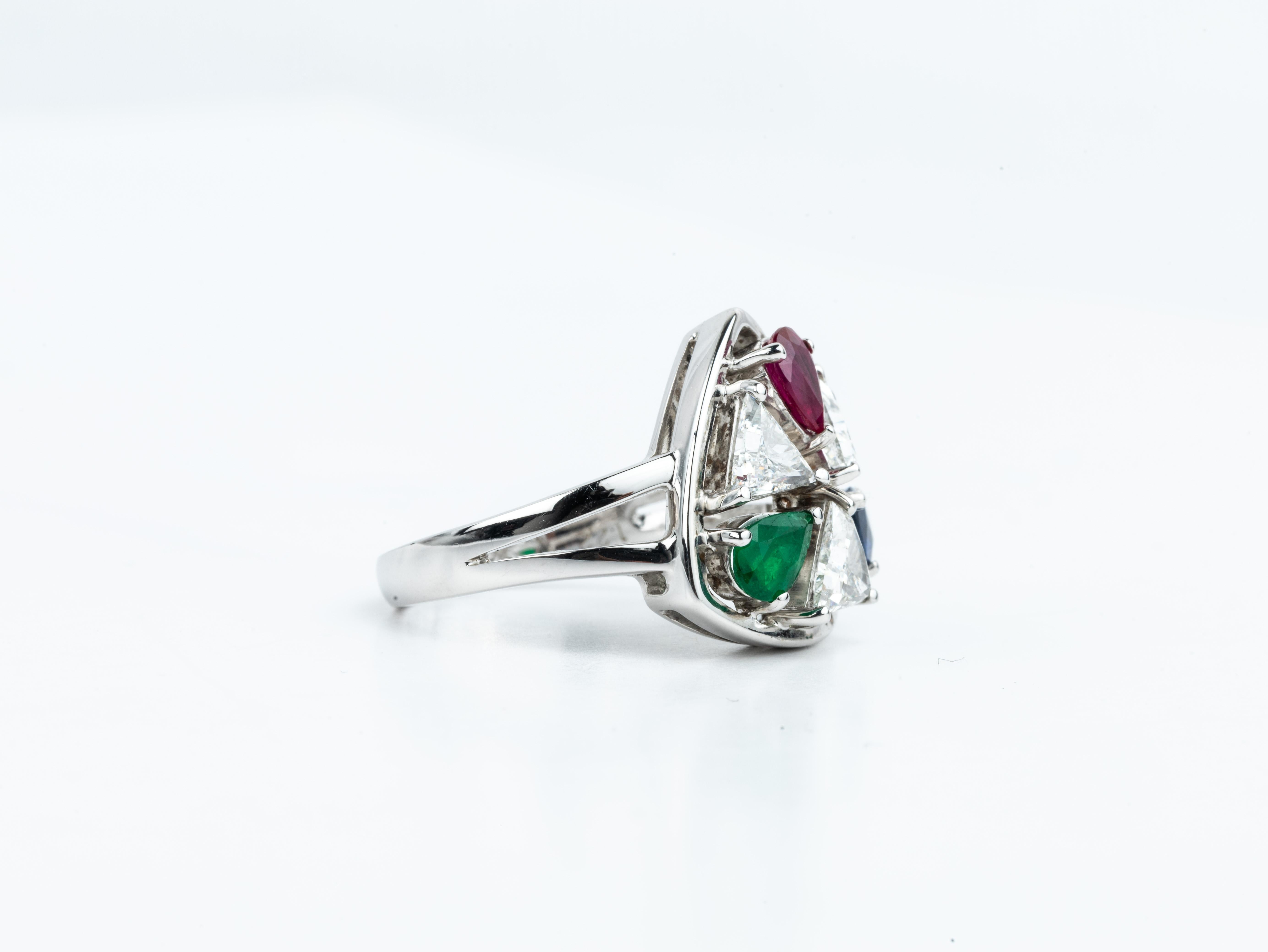 Pear-Cut Emerald, Sapphire & Ruby Ring with Triangle Diamonds in 18K White Gold For Sale 2