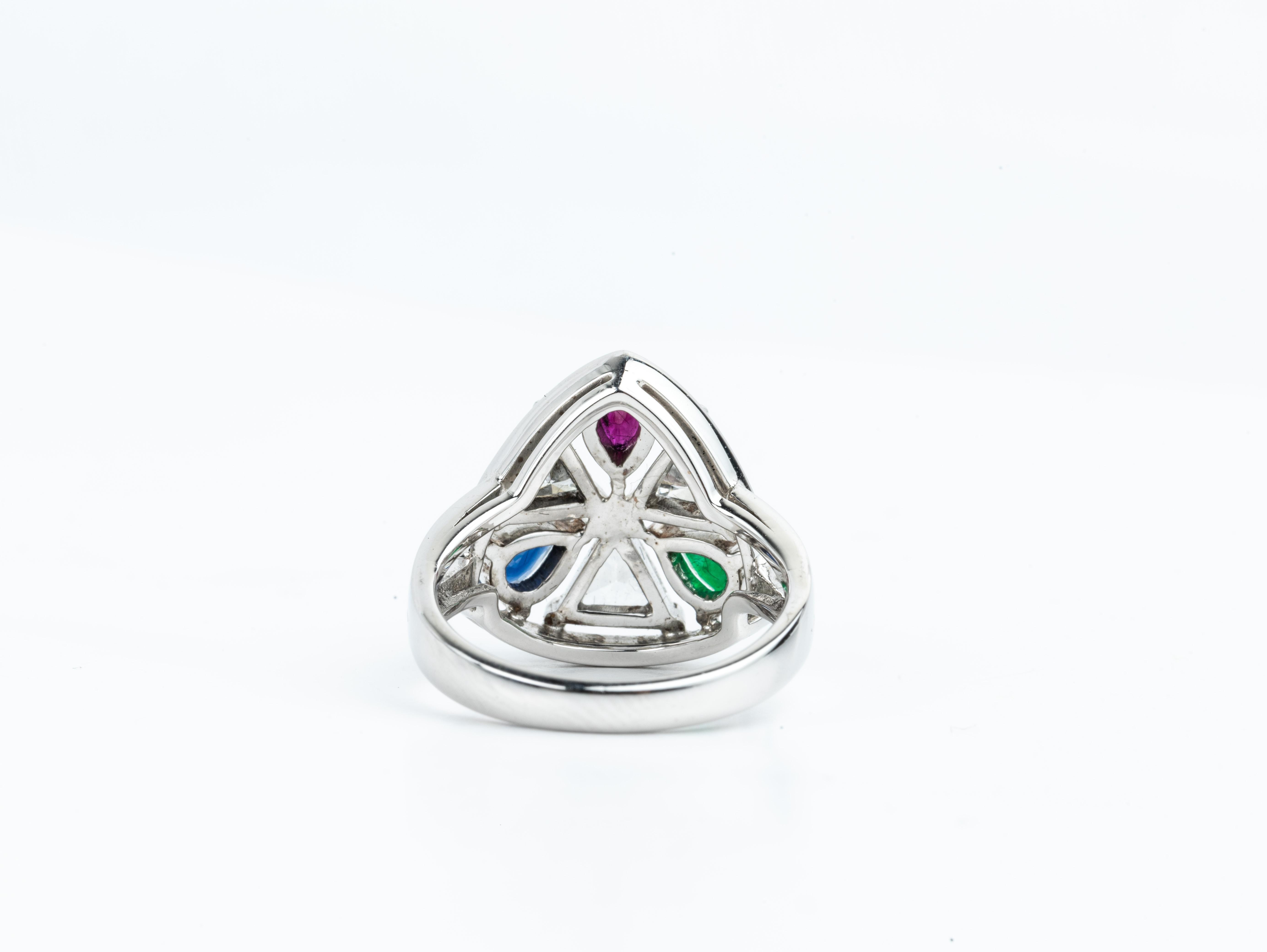 Pear-Cut Emerald, Sapphire & Ruby Ring with Triangle Diamonds in 18K White Gold For Sale 3