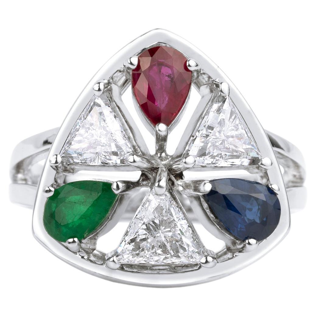 Pear-Cut Emerald, Sapphire & Ruby Ring with Triangle Diamonds in 18K White Gold For Sale