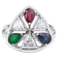 Pear-Cut Emerald, Sapphire & Ruby Ring with Triangle Diamonds in 18K White Gold