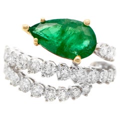 Pear Cut Emerald Serpent Ring With Diamonds 3.83 Carats 18K Gold