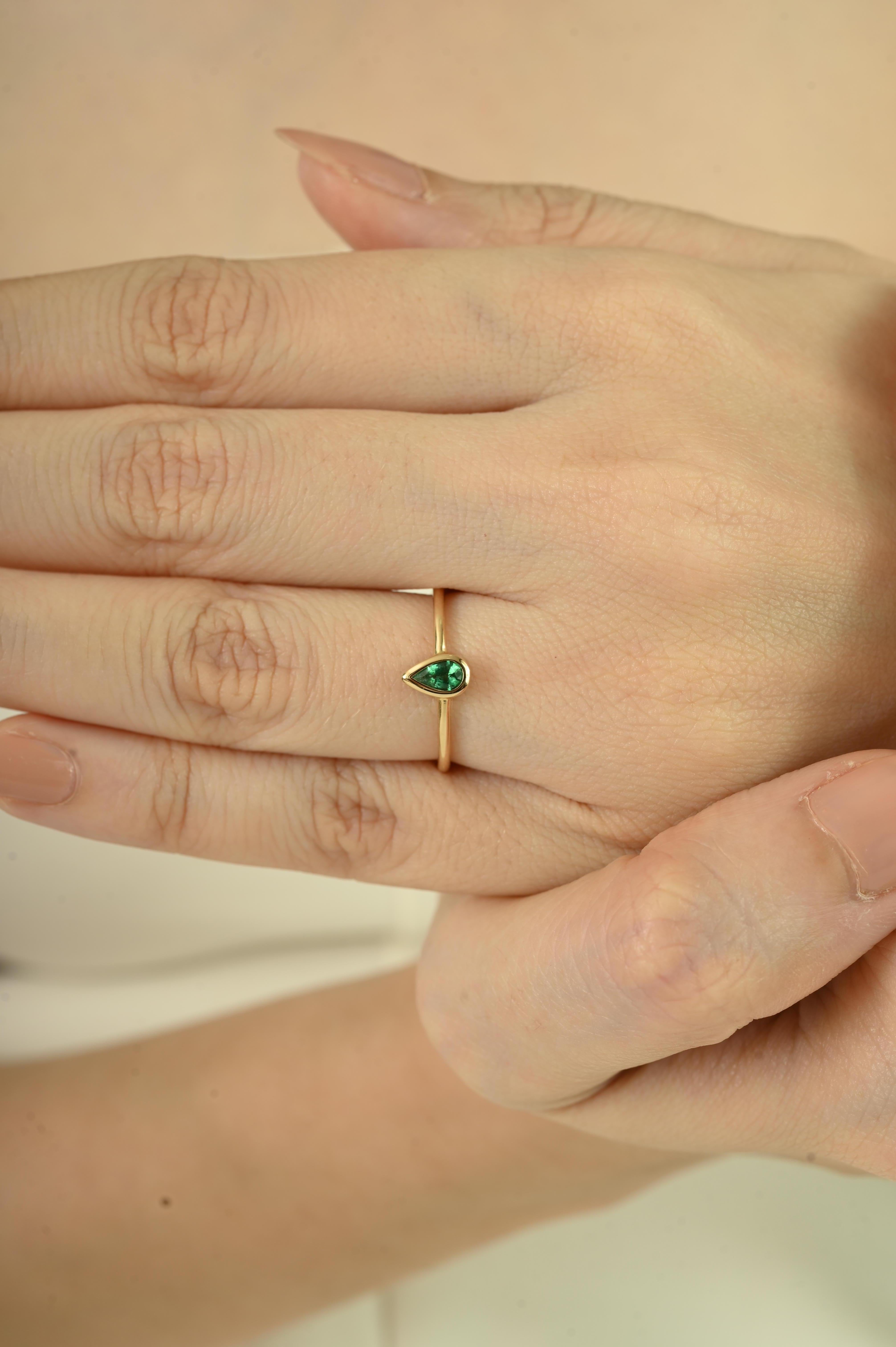 Im Angebot: Birnenschliff Smaragd Solitär Lünette Set Ring in 14K Gelbgold jeden Tag Schmuck () 8