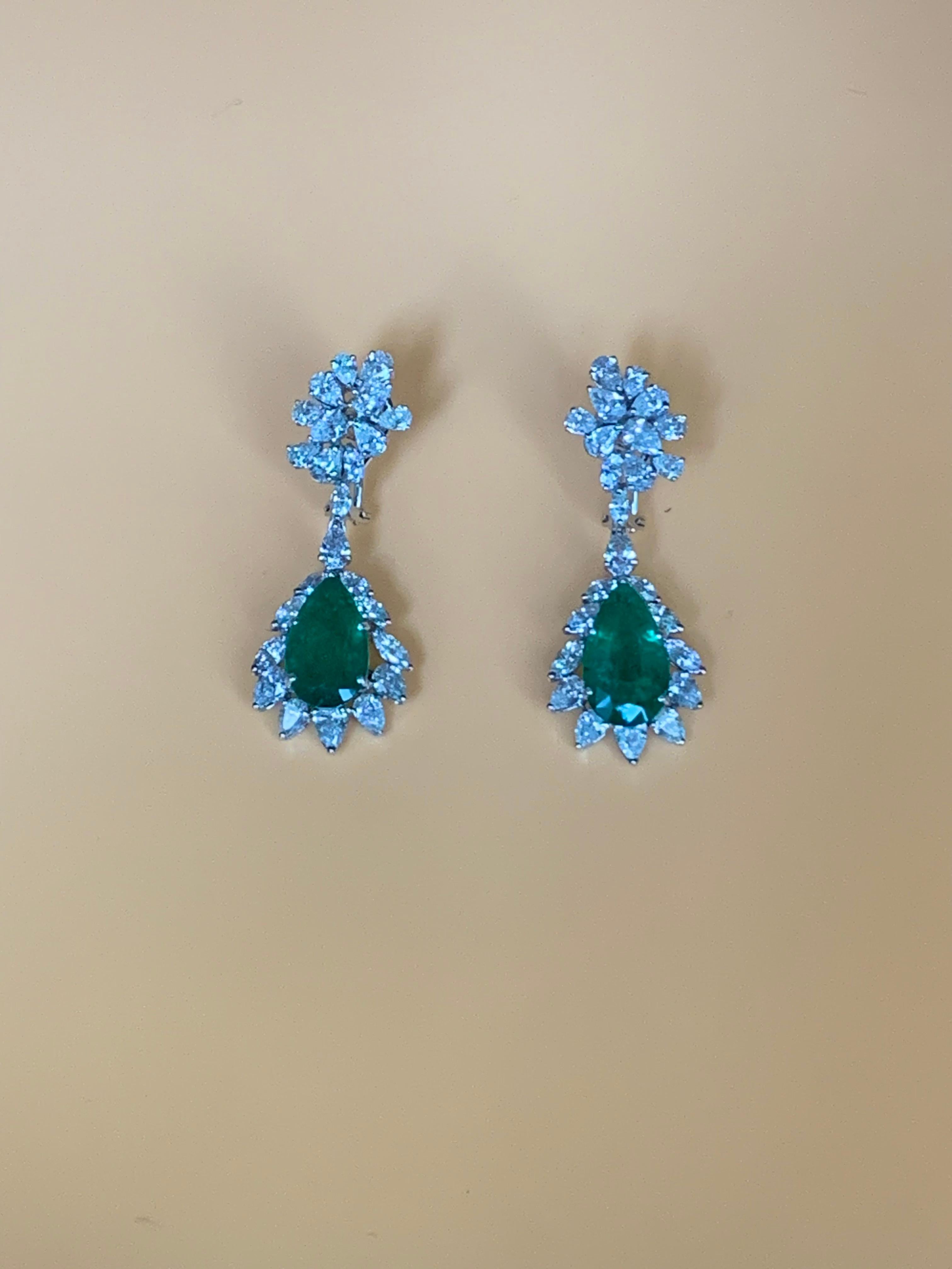 Modern Pear Cut Emeralds and Pear Cut Diamonds and Marquis Earrings For Sale