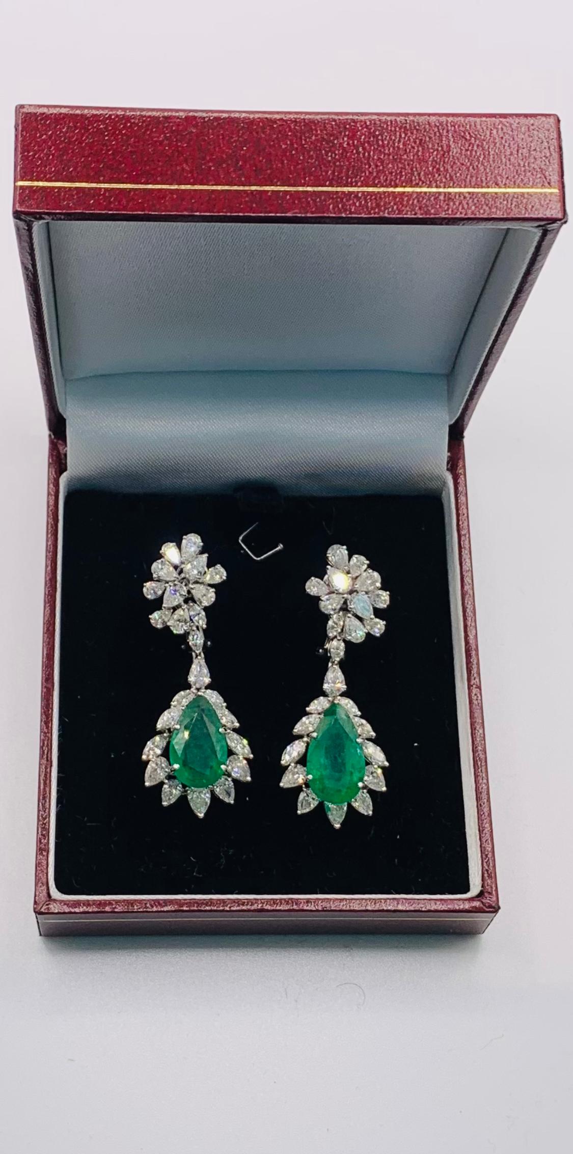 Women's Pear Cut Emeralds and Pear Cut Diamonds and Marquis Earrings For Sale