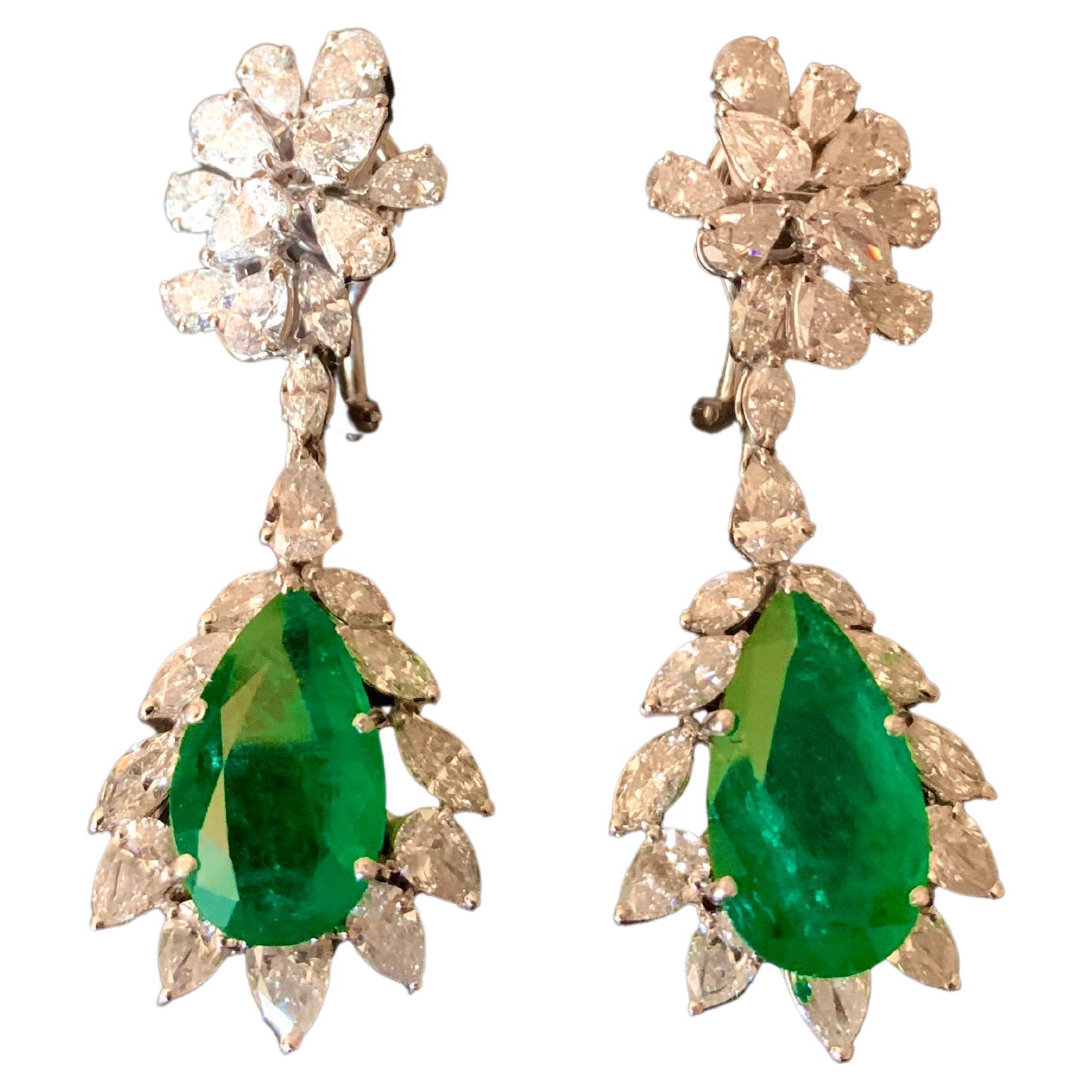 Pear Cut Emeralds and Pear Cut Diamonds and Marquis Earrings For Sale