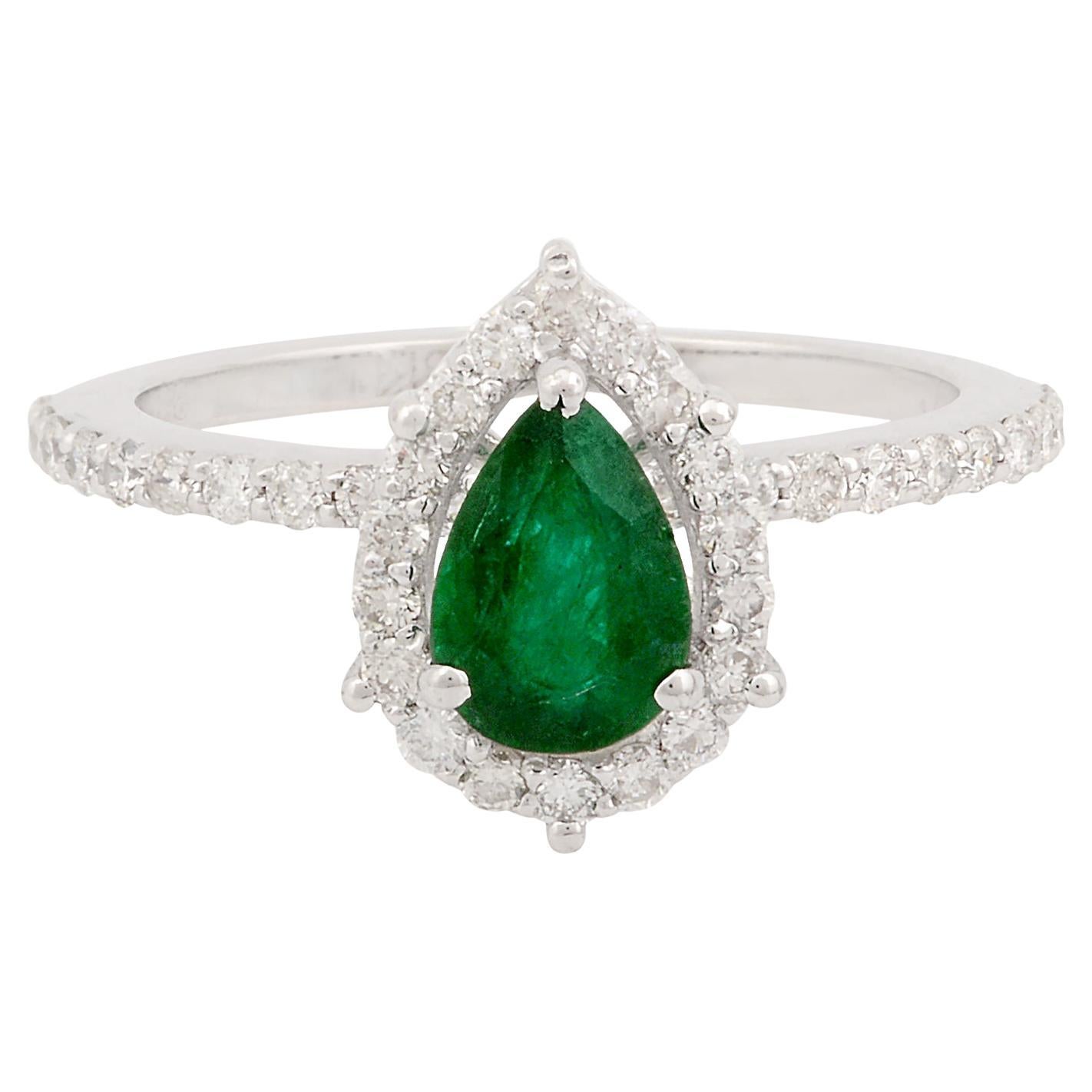 For Sale:  Pear Cut Faceted Emerald Diamond Halo Pave Ring 14 Karat White Gold Jewelry