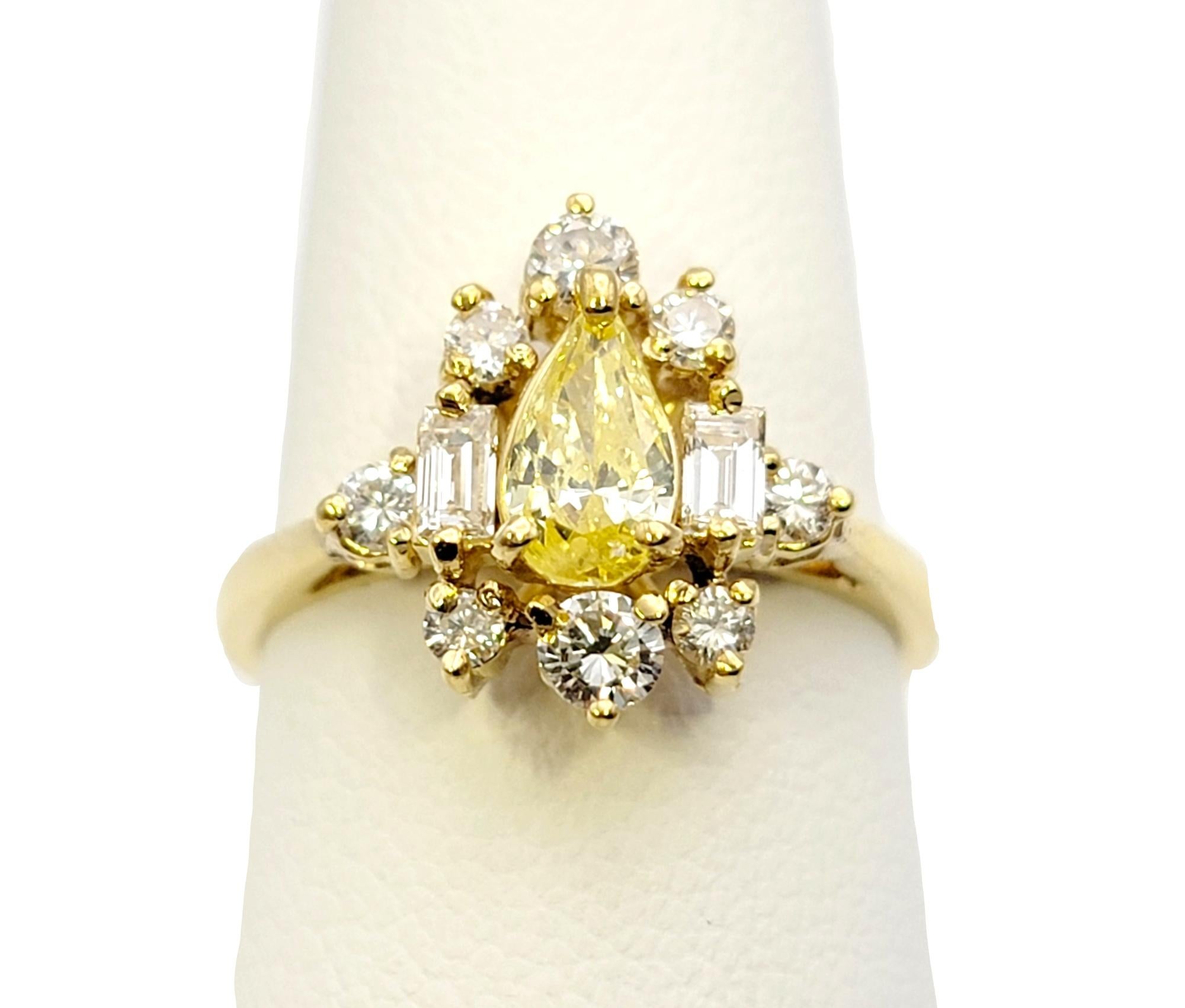 Pear Cut Fancy Yellow Diamond Ring with White Diamond Accents 18 Karat Gold Band For Sale 5