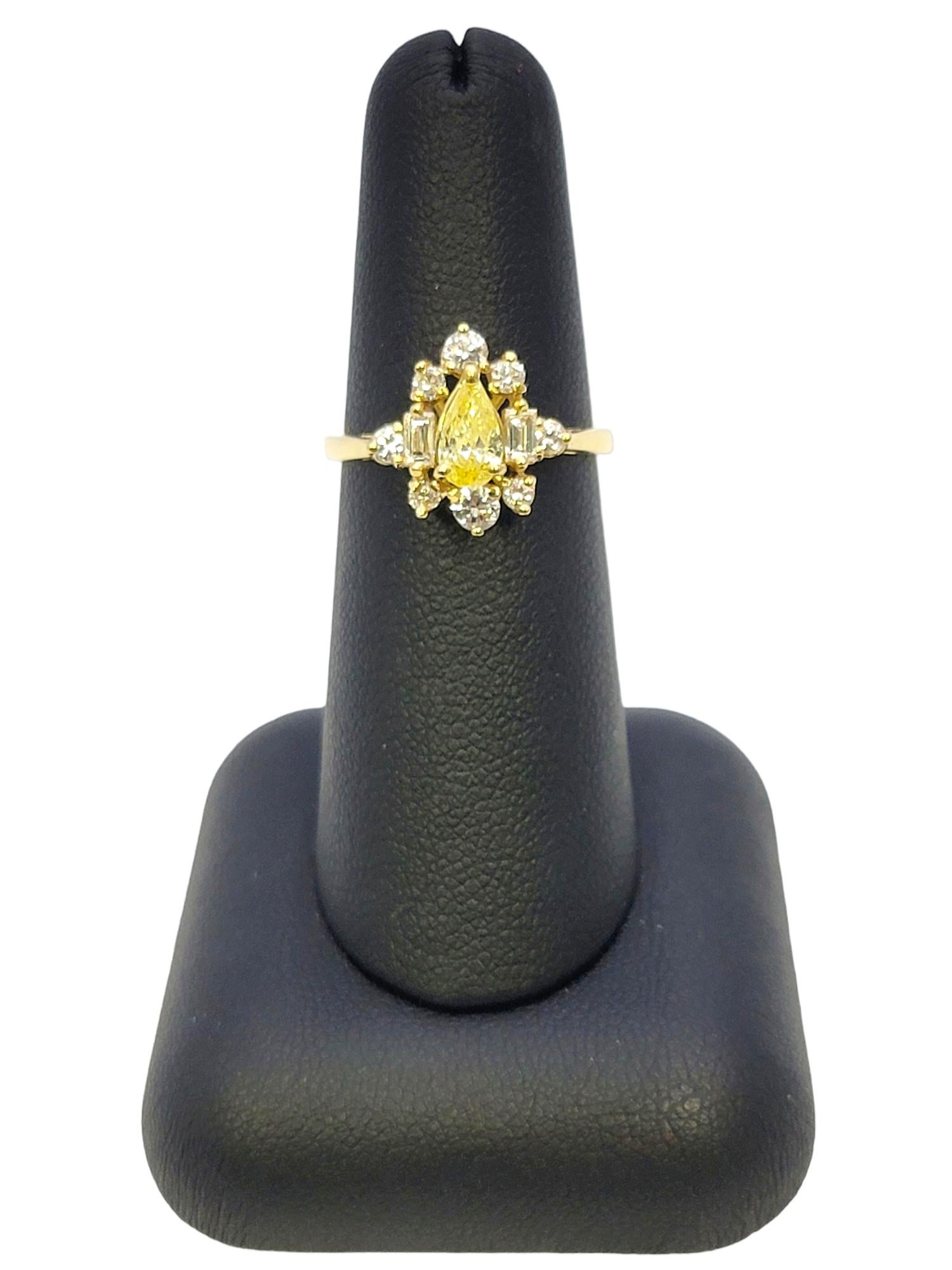 Pear Cut Fancy Yellow Diamond Ring with White Diamond Accents 18 Karat Gold Band For Sale 6