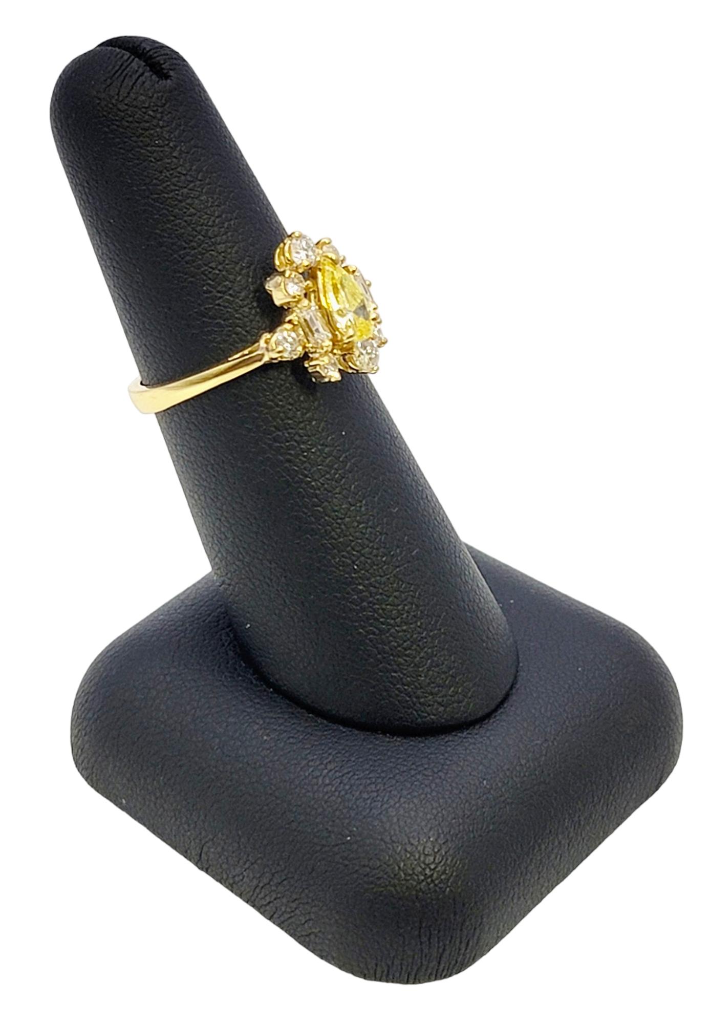 Pear Cut Fancy Yellow Diamond Ring with White Diamond Accents 18 Karat Gold Band For Sale 7
