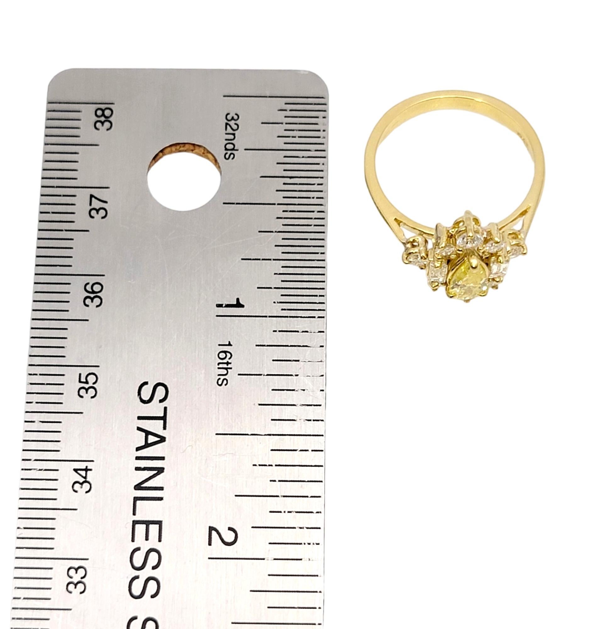 Pear Cut Fancy Yellow Diamond Ring with White Diamond Accents 18 Karat Gold Band For Sale 8