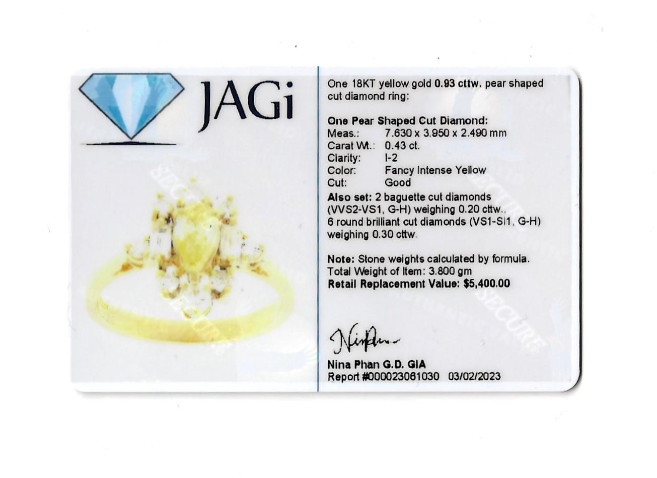 Pear Cut Fancy Yellow Diamond Ring with White Diamond Accents 18 Karat Gold Band For Sale 9