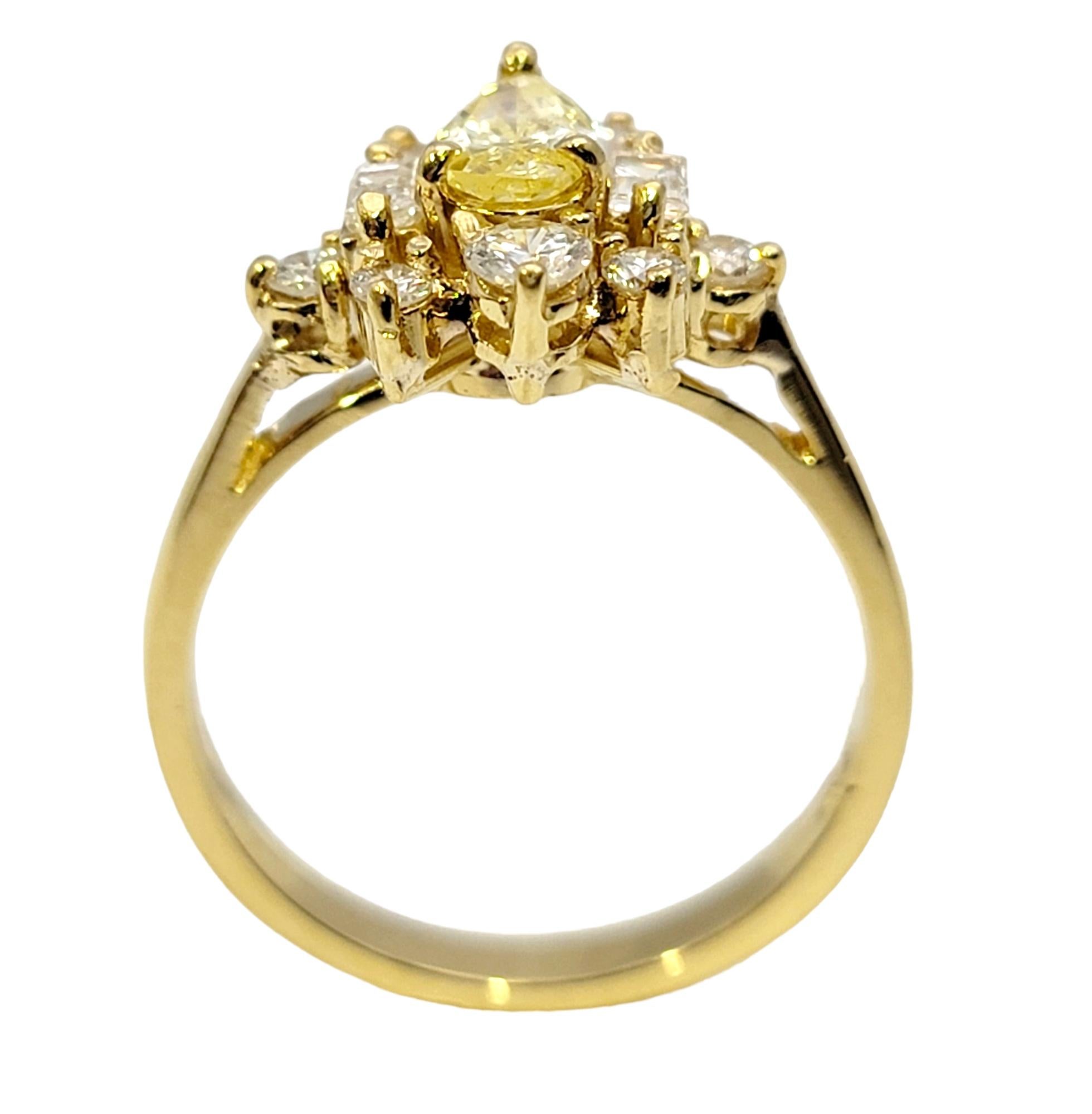 Pear Cut Fancy Yellow Diamond Ring with White Diamond Accents 18 Karat Gold Band In Good Condition For Sale In Scottsdale, AZ