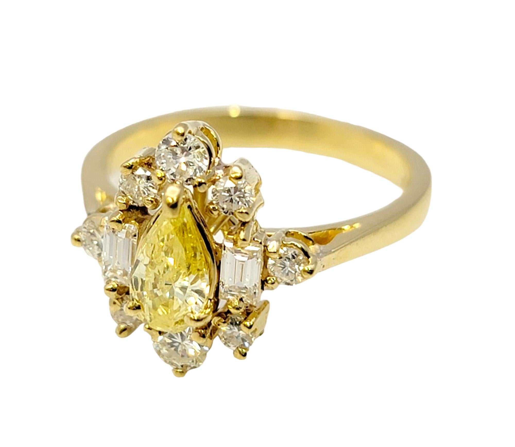 Women's Pear Cut Fancy Yellow Diamond Ring with White Diamond Accents 18 Karat Gold Band For Sale