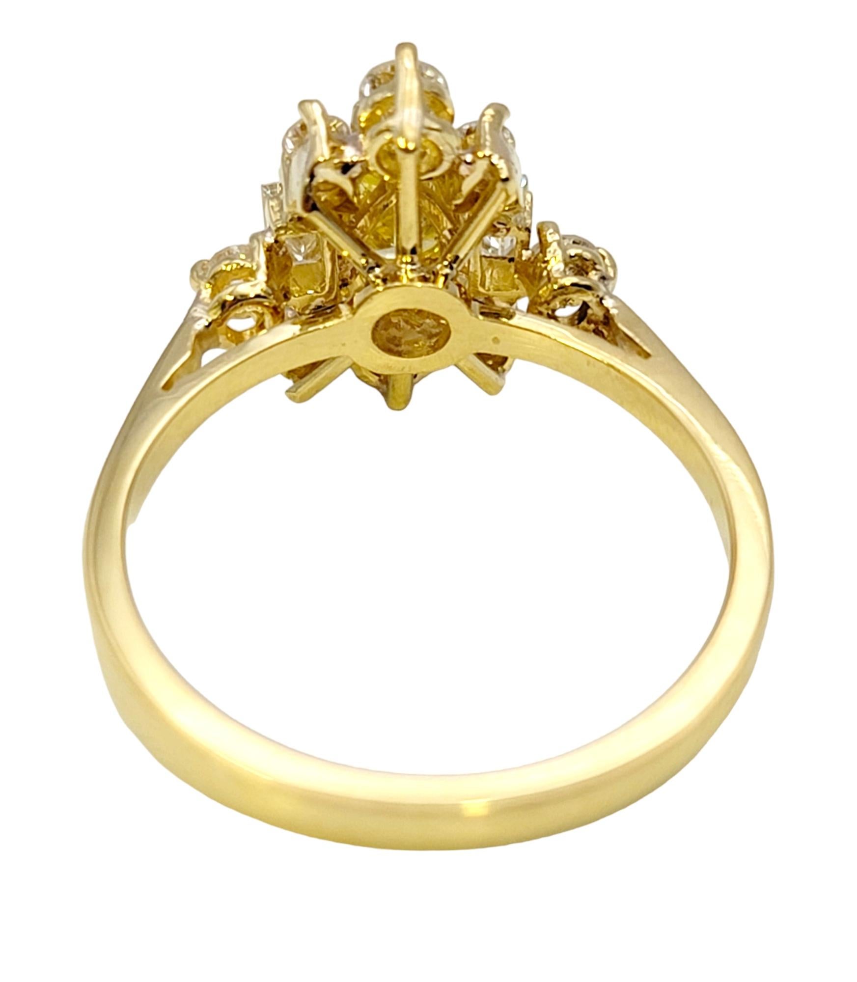 Pear Cut Fancy Yellow Diamond Ring with White Diamond Accents 18 Karat Gold Band For Sale 1