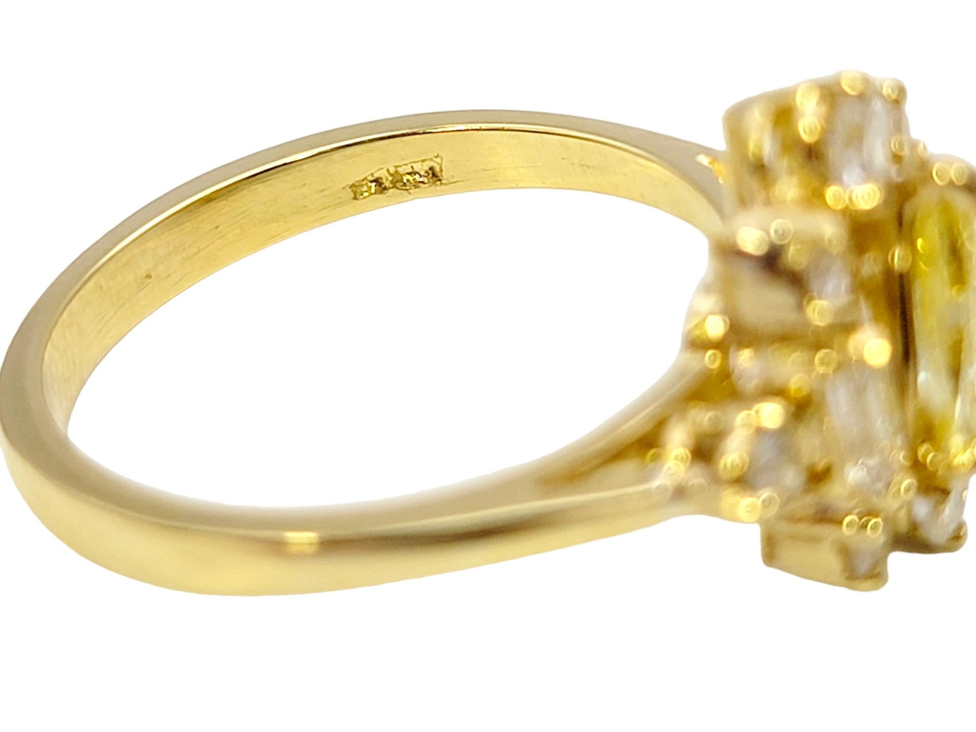 Pear Cut Fancy Yellow Diamond Ring with White Diamond Accents 18 Karat Gold Band For Sale 2