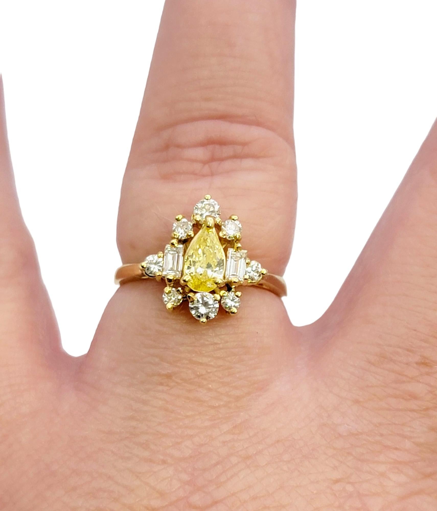 Pear Cut Fancy Yellow Diamond Ring with White Diamond Accents 18 Karat Gold Band For Sale 4