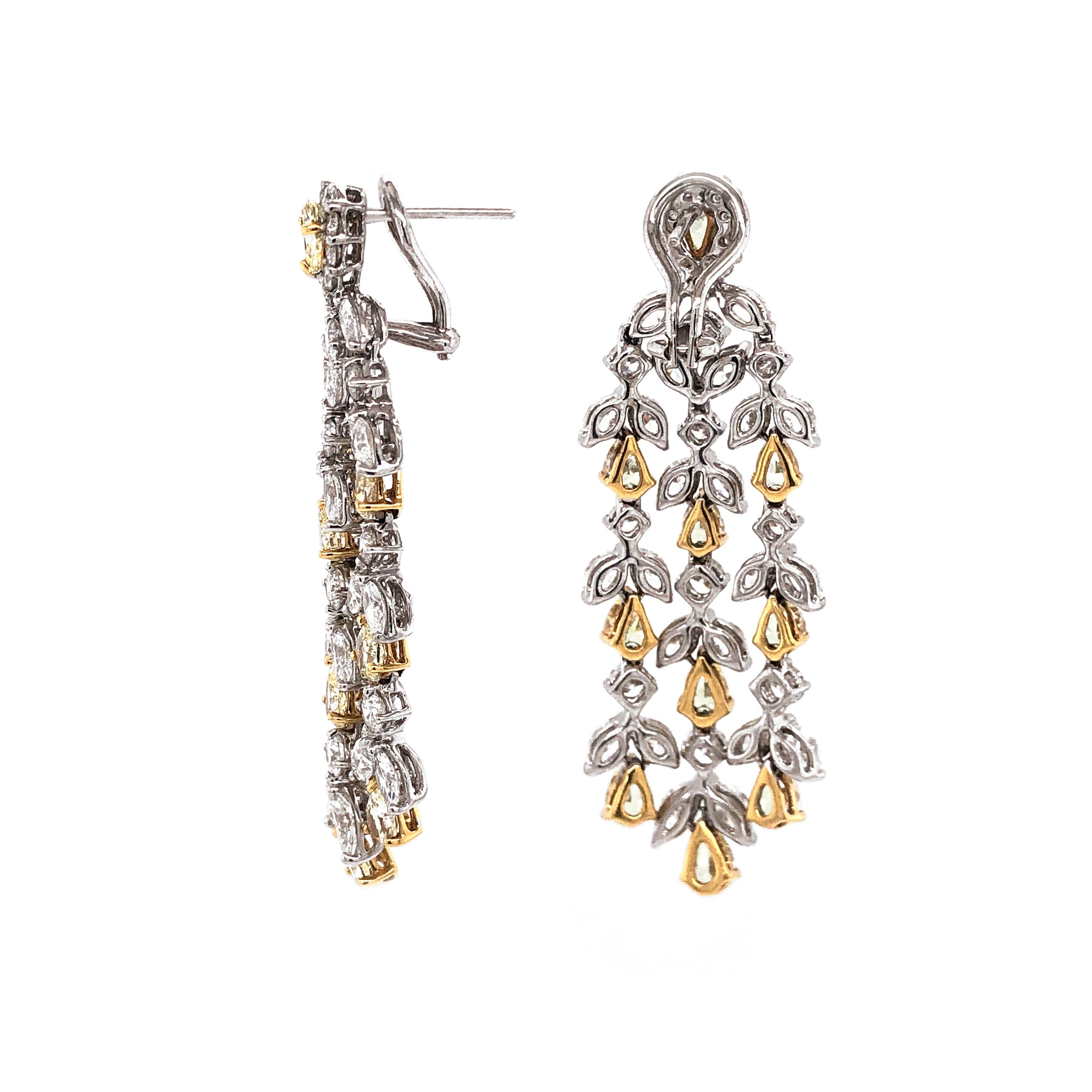 Contemporary Pear Cut Fancy Yellow Diamonds 6.90 Carat Diamond Chandelier 18k Gold Earrings For Sale