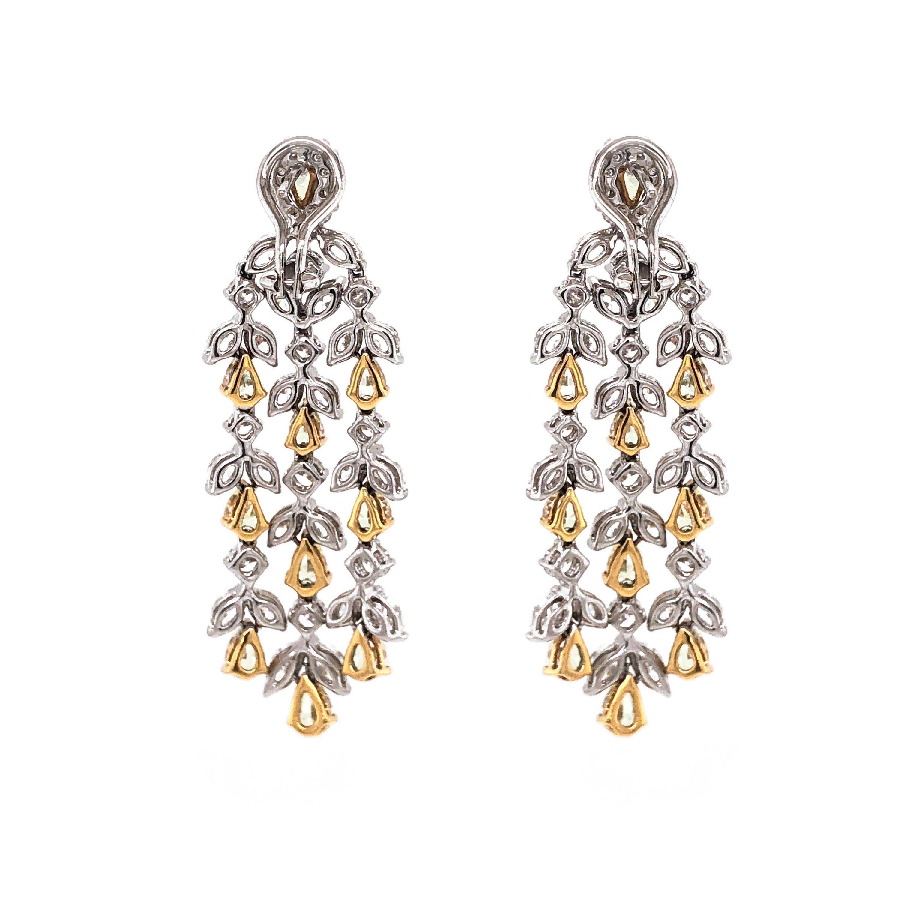 Pear Cut Fancy Yellow Diamonds 6.90 Carat Diamond Chandelier 18k Gold Earrings In New Condition For Sale In New York, NY