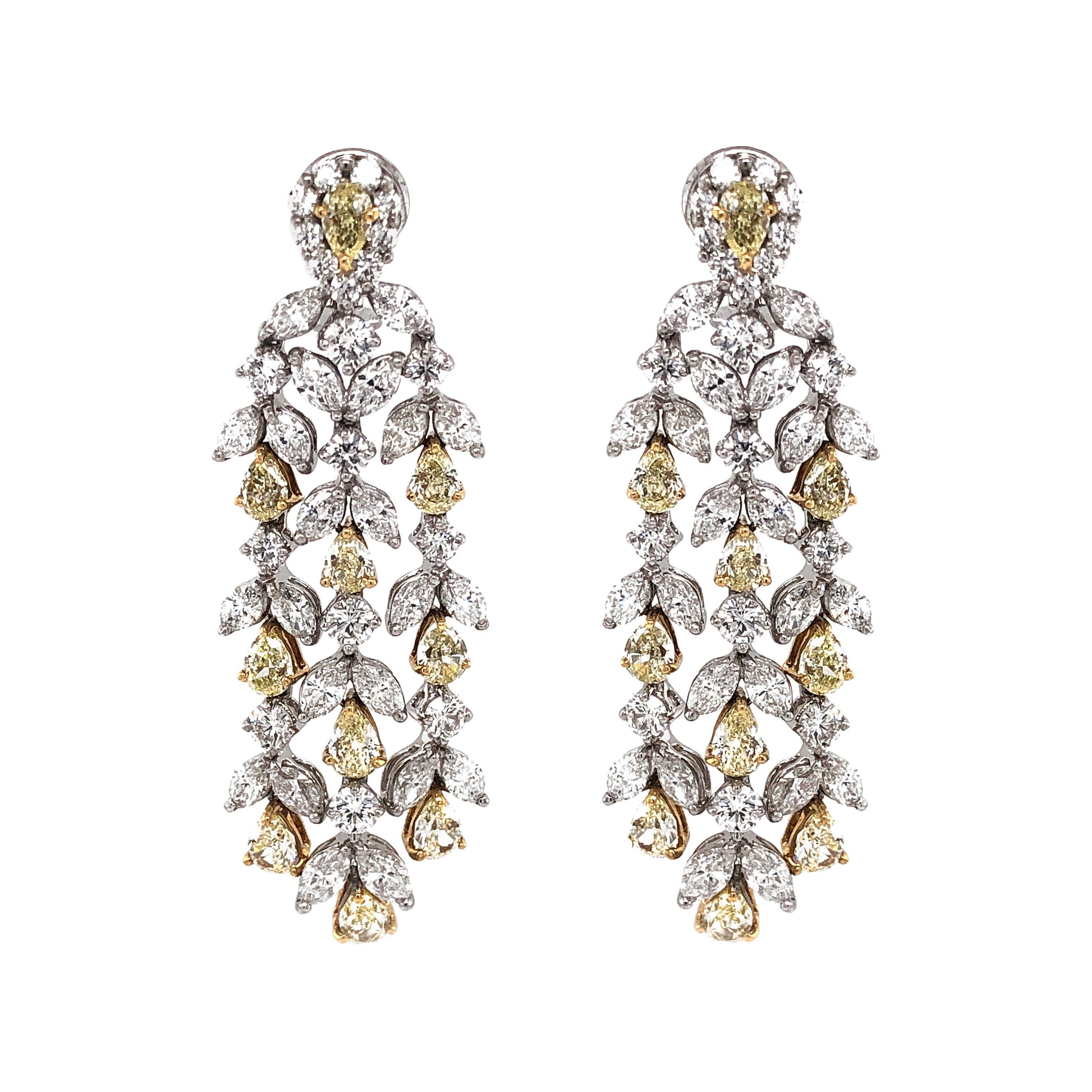 Pear Cut Fancy Yellow Diamonds 6.90 Carat Diamond Chandelier 18k Gold Earrings For Sale