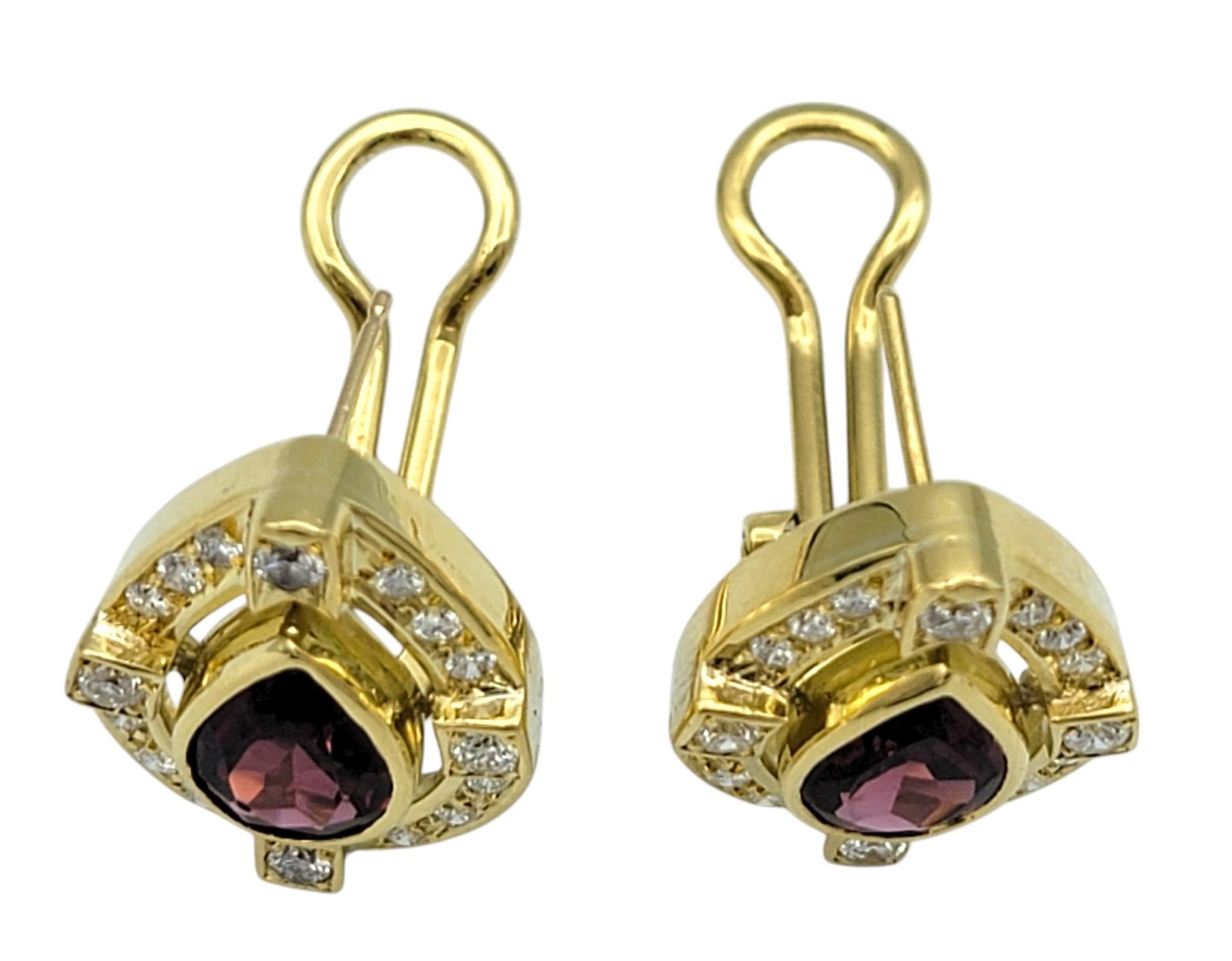 Contemporary Pear Cut Garnet and Diamond Halo Teardrop Stud Earrings in 18 Karat Yellow Gold For Sale