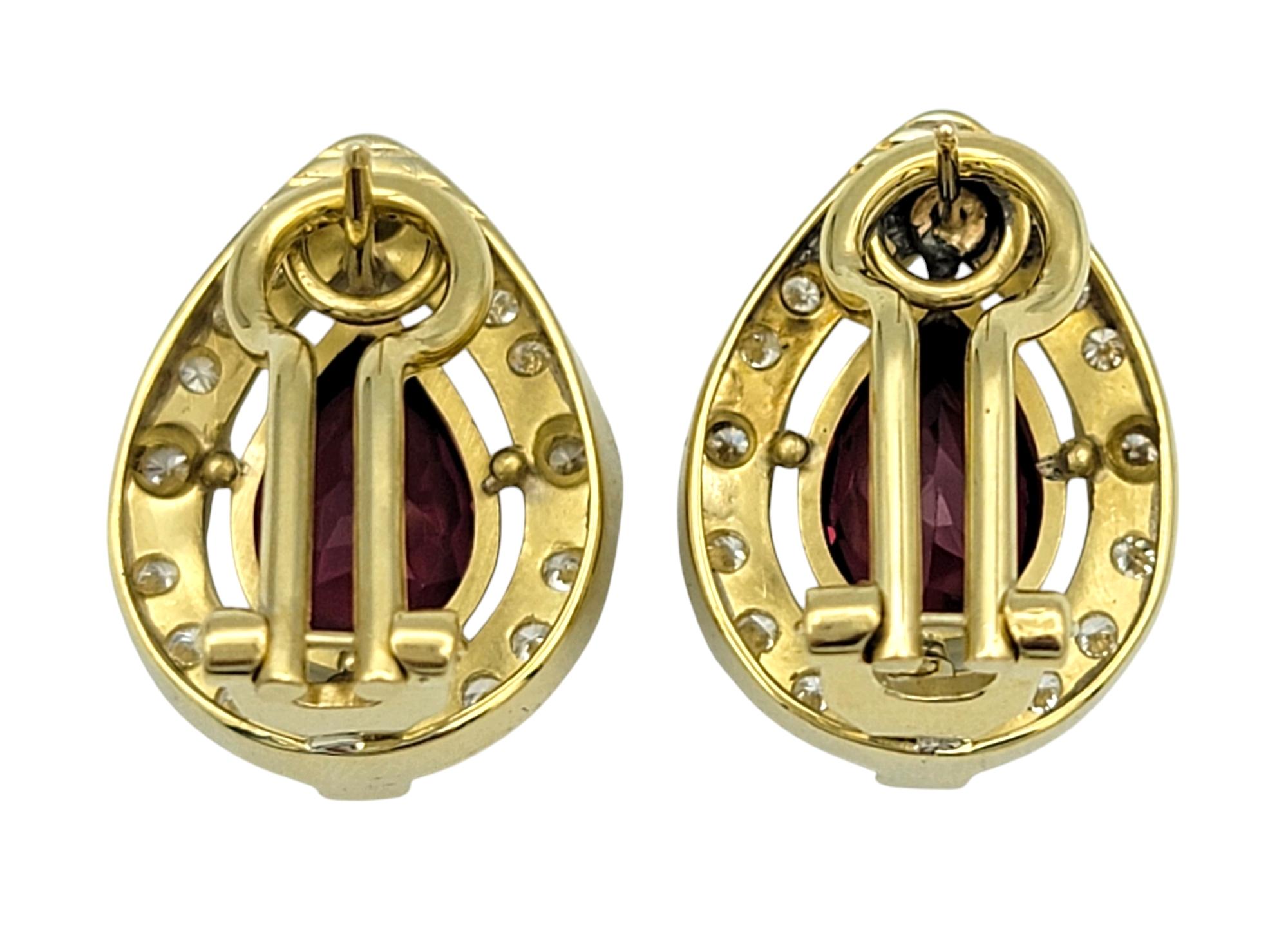 Pear Cut Garnet and Diamond Halo Teardrop Stud Earrings in 18 Karat Yellow Gold In Good Condition For Sale In Scottsdale, AZ