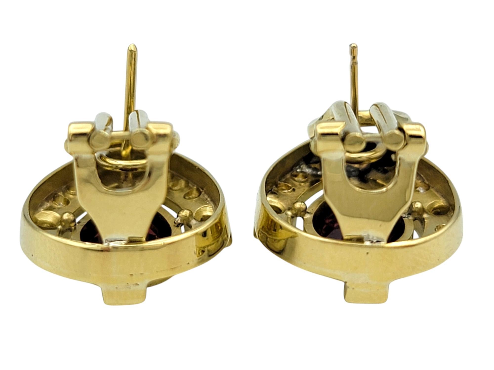 Women's Pear Cut Garnet and Diamond Halo Teardrop Stud Earrings in 18 Karat Yellow Gold For Sale
