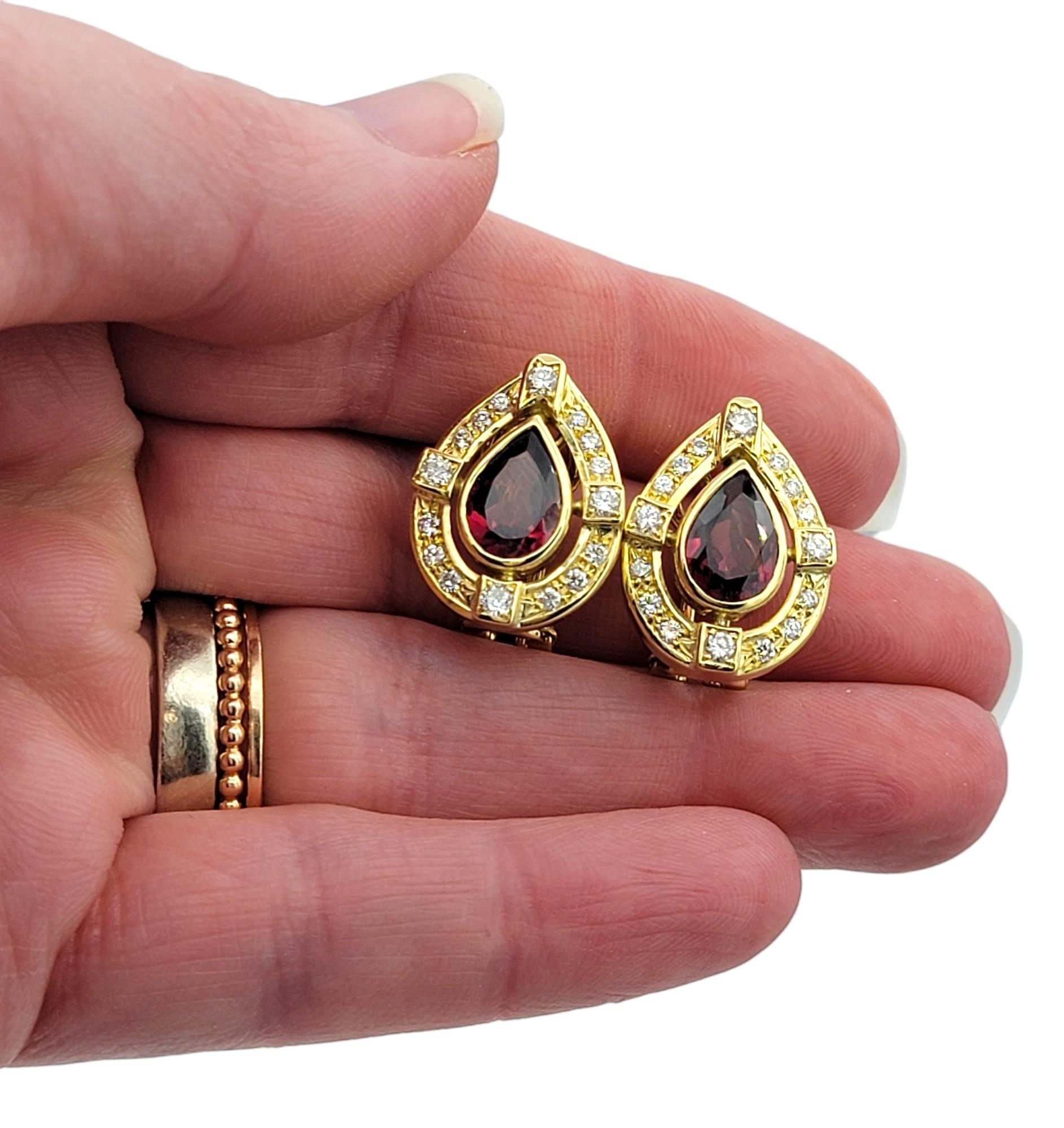 Pear Cut Garnet and Diamond Halo Teardrop Stud Earrings in 18 Karat Yellow Gold For Sale 2