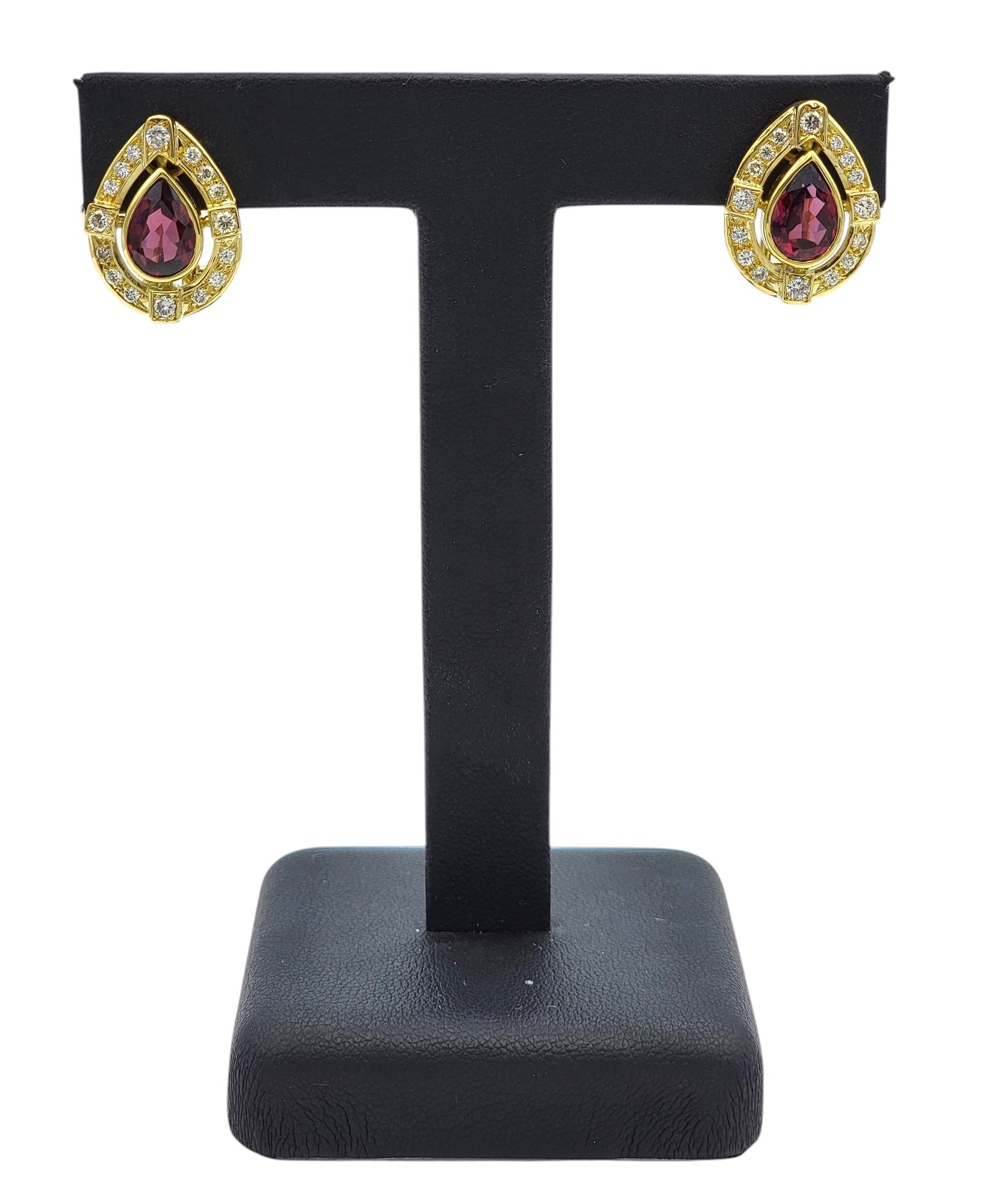 Pear Cut Garnet and Diamond Halo Teardrop Stud Earrings in 18 Karat Yellow Gold For Sale 3
