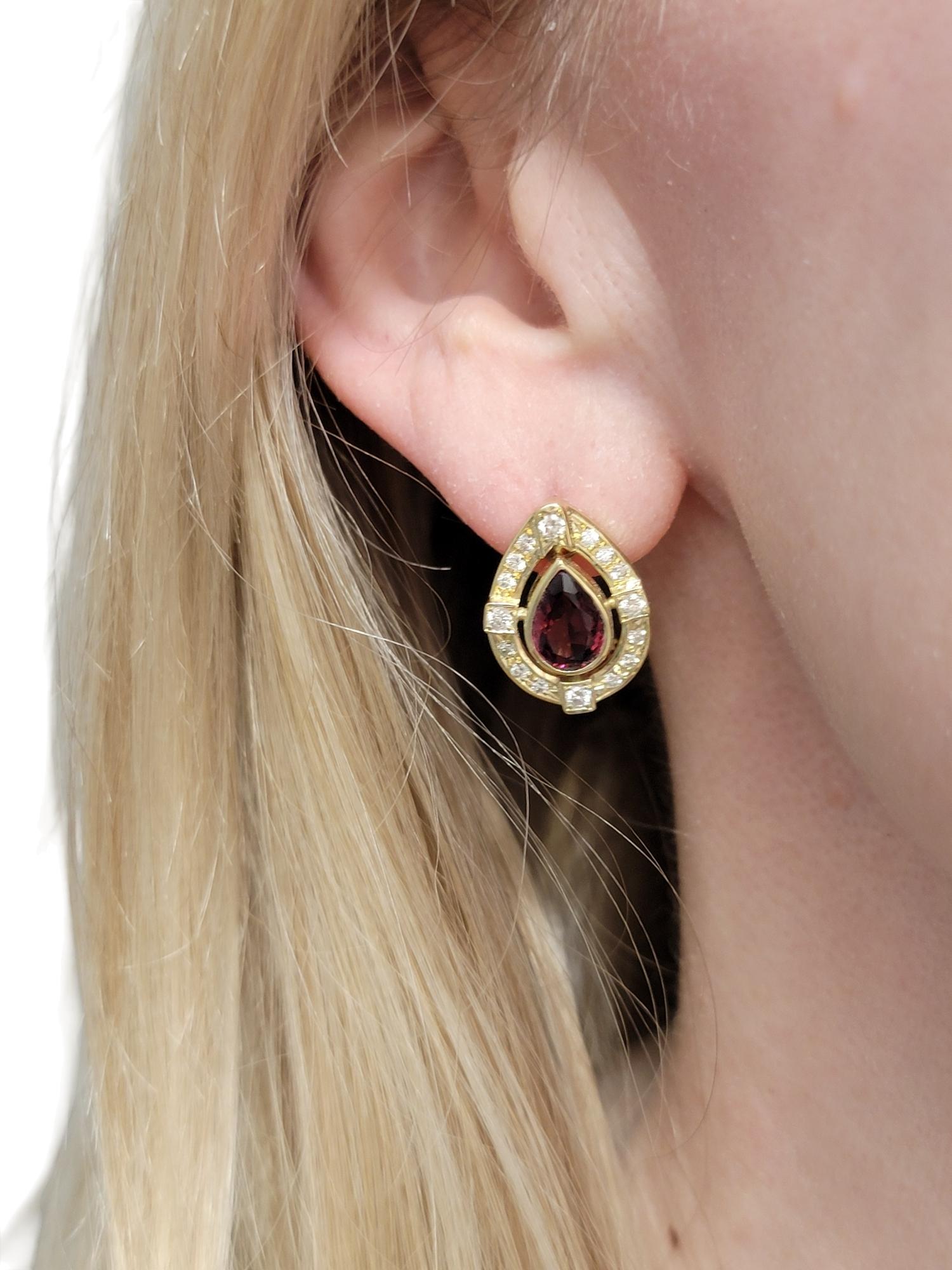 Pear Cut Garnet and Diamond Halo Teardrop Stud Earrings in 18 Karat Yellow Gold For Sale 4