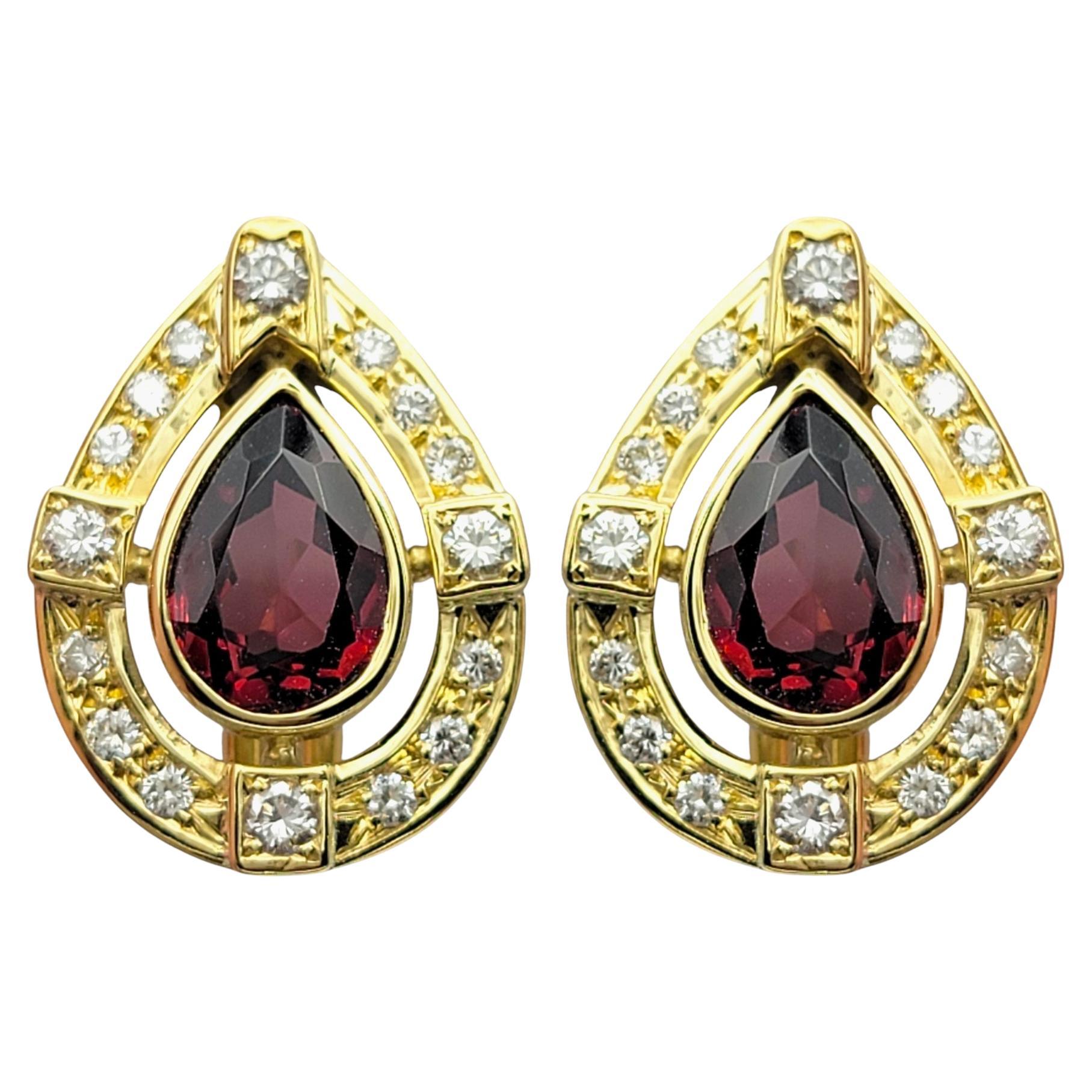 Pear Cut Garnet and Diamond Halo Teardrop Stud Earrings in 18 Karat Yellow Gold
