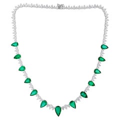 Pear Cut Green Emerald and Diamond Tennis Statement Necklace 14K White Gold