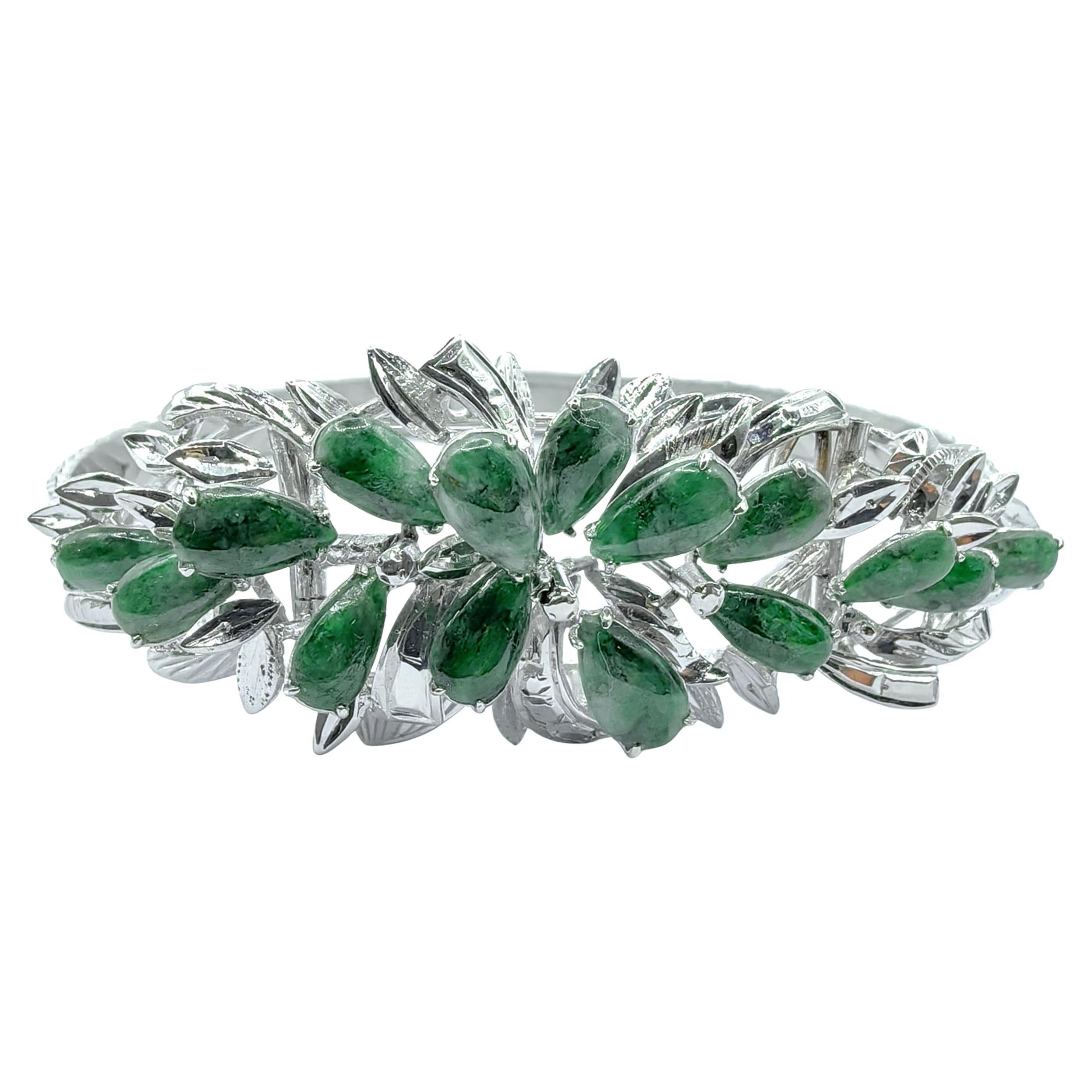 Pear Cut Green Jadeite Jade Botanical Bracelet in Fine Silver 999