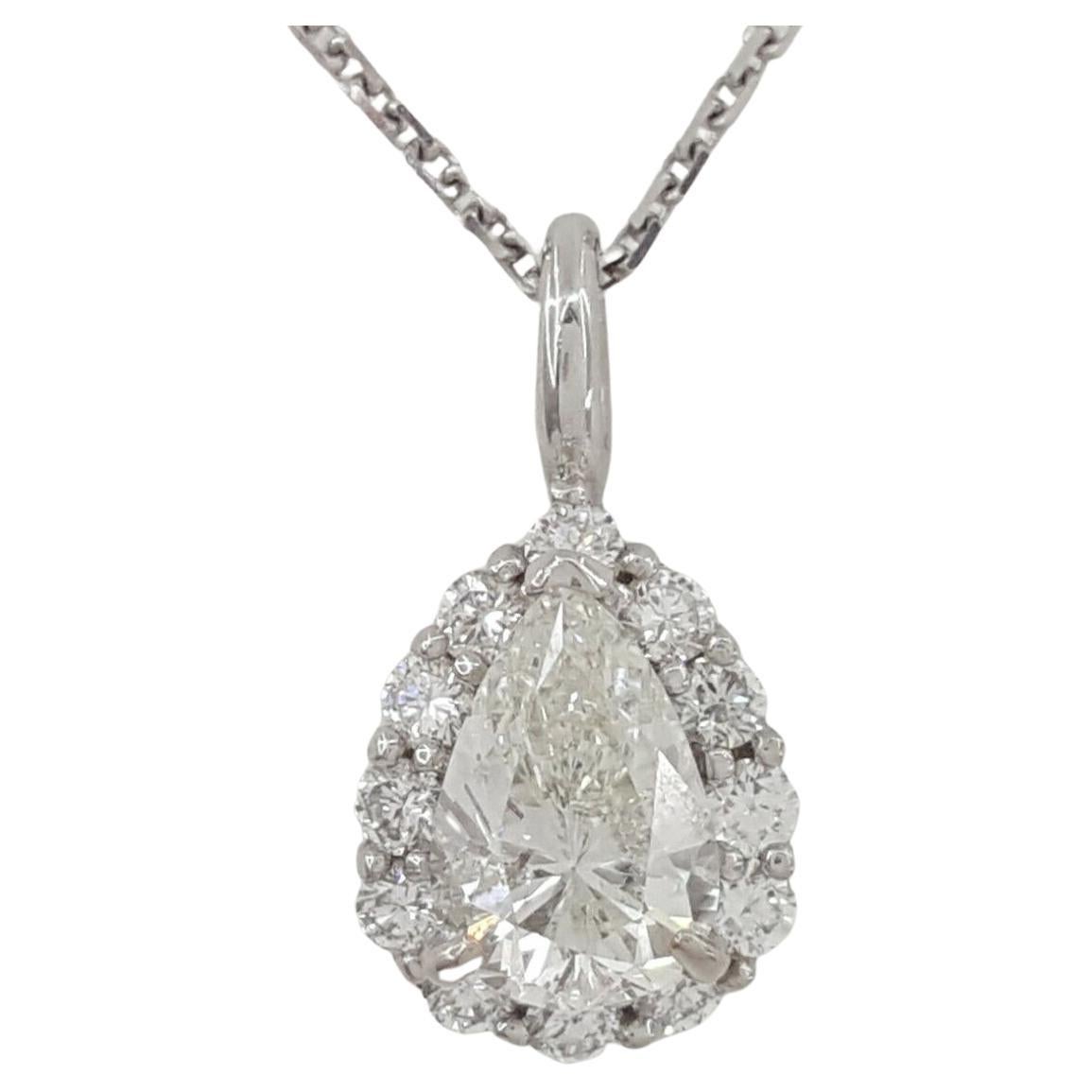 1.01 ct Total Weight 14K White Gold Pear Brilliant Cut Diamond Halo Pendant / Necklace 18