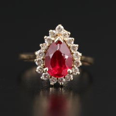 Pear Cut Halo Ruby Engagement Ring Vintage Diamond Engagement Ring, 18K Gold