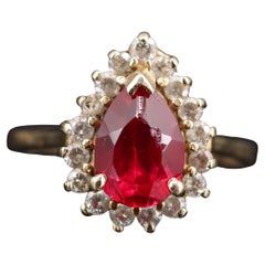 Pear Cut Halo Ruby Engagement Ring Vintage Diamond Engagement Ring, 18K Gold
