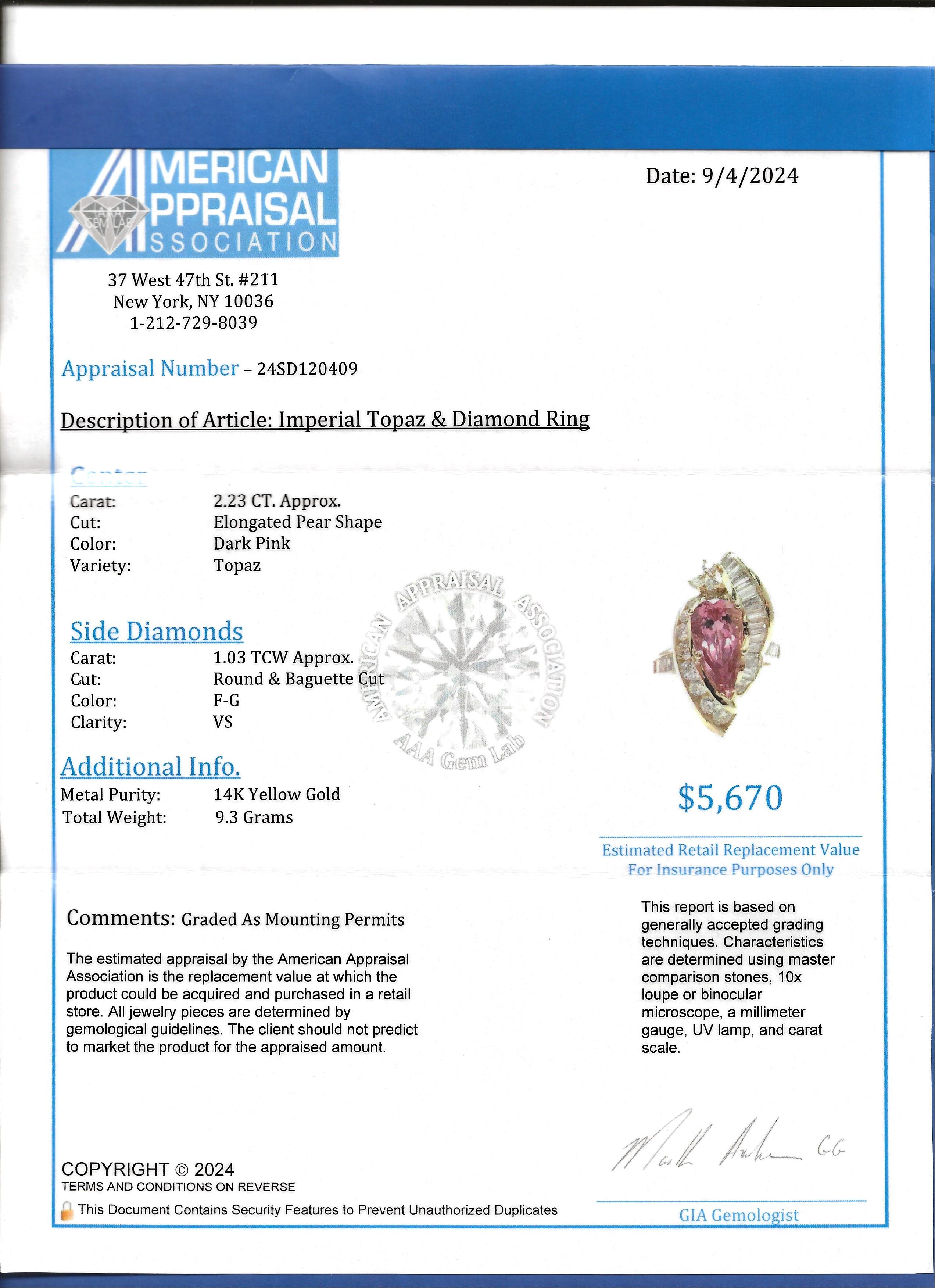 Pear Cut Imperial Pink Topaz and Diamond Cocktail Ring in 14 Karat Yellow Gold For Sale 7