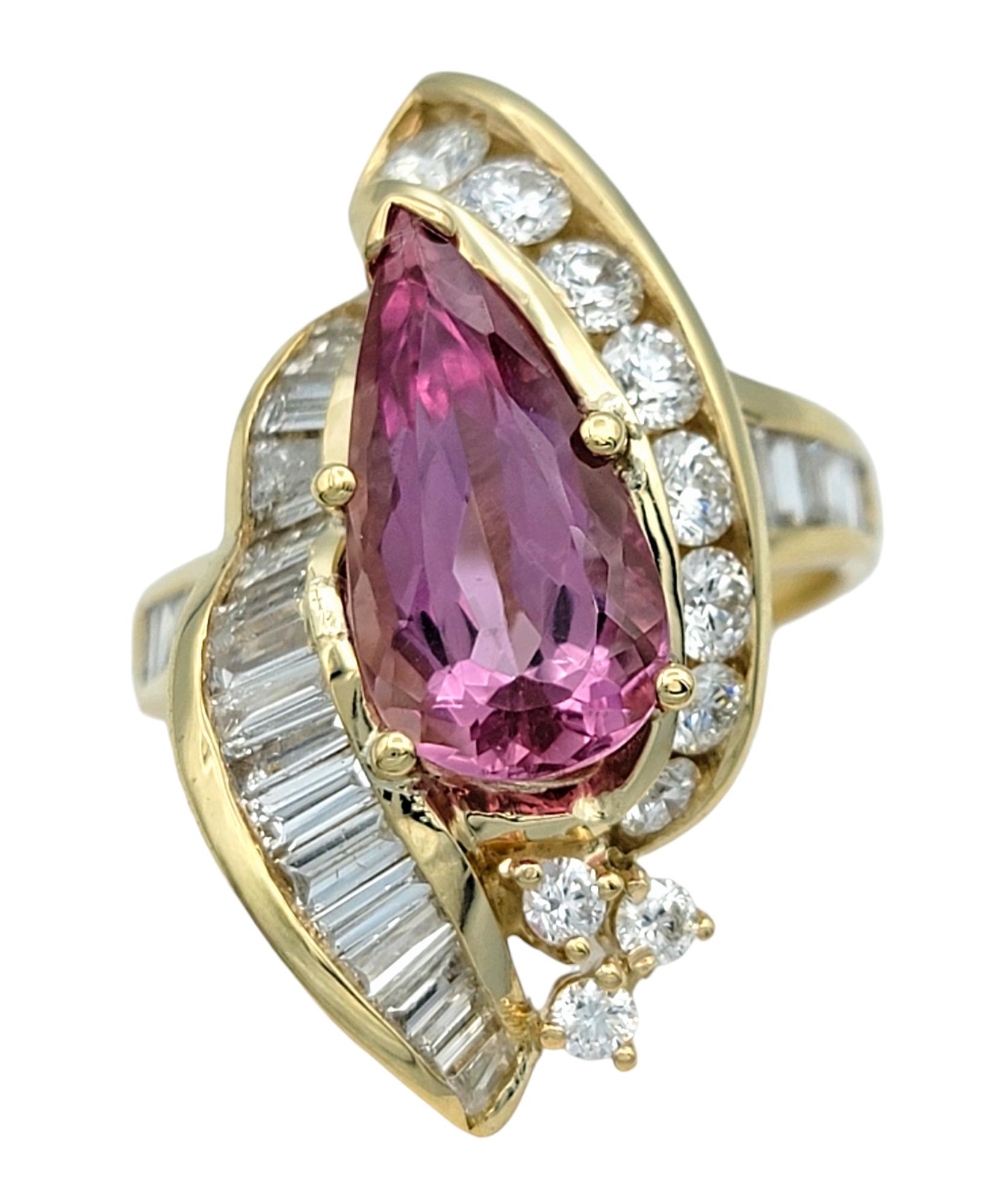 Contemporary Pear Cut Imperial Pink Topaz and Diamond Cocktail Ring in 14 Karat Yellow Gold For Sale