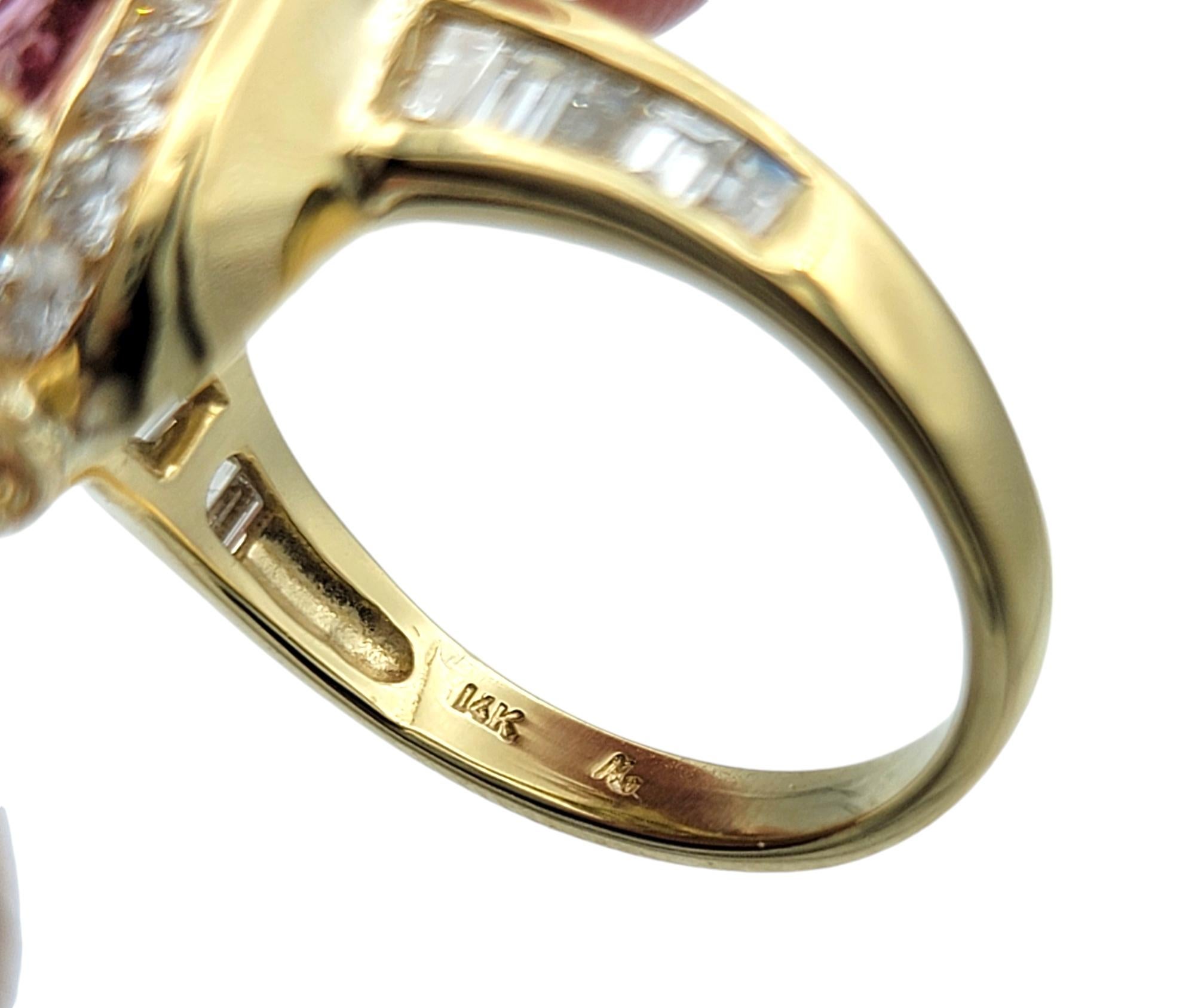 Pear Cut Imperial Pink Topaz and Diamond Cocktail Ring in 14 Karat Yellow Gold For Sale 2