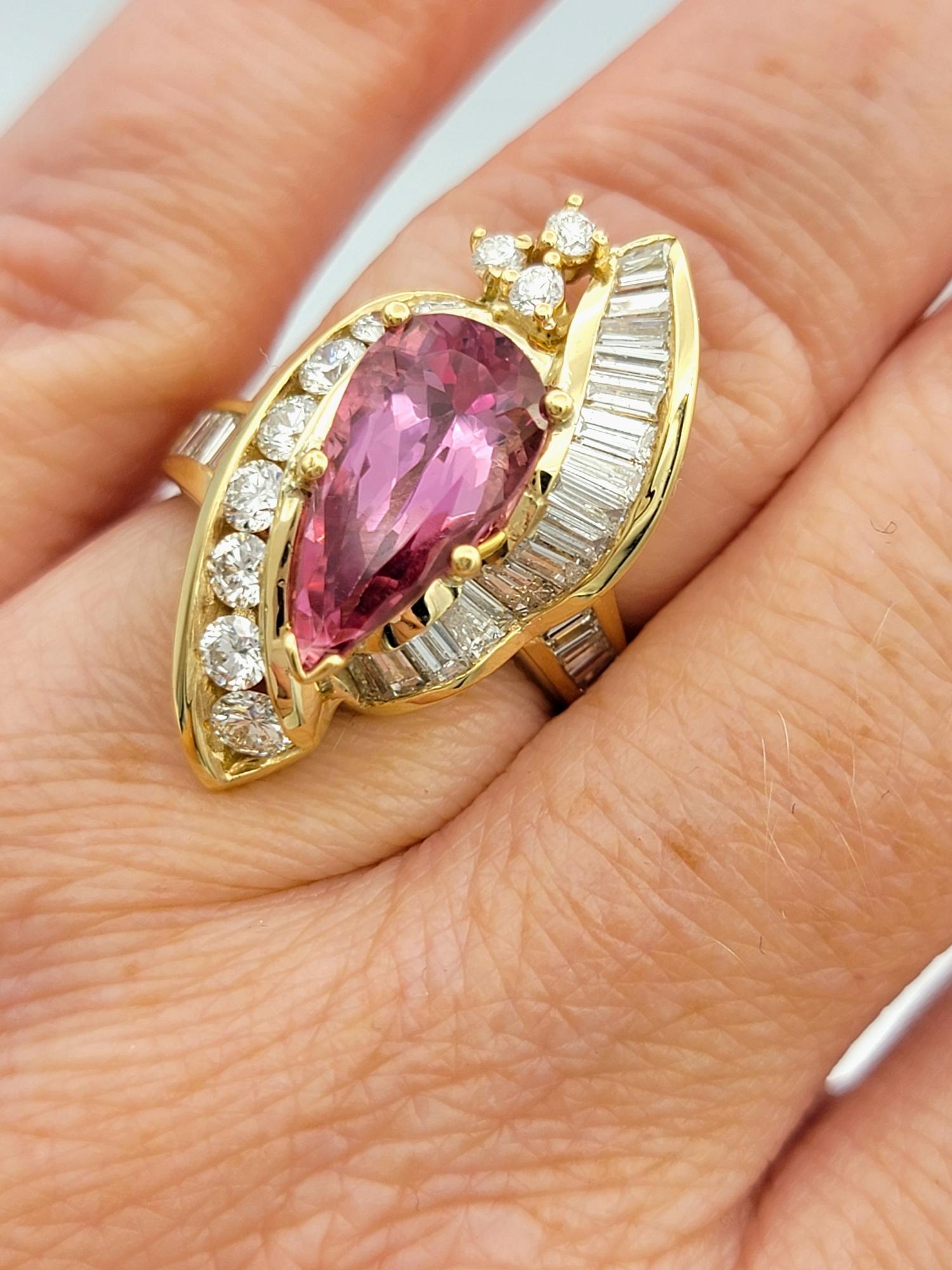 Pear Cut Imperial Pink Topaz and Diamond Cocktail Ring in 14 Karat Yellow Gold For Sale 3